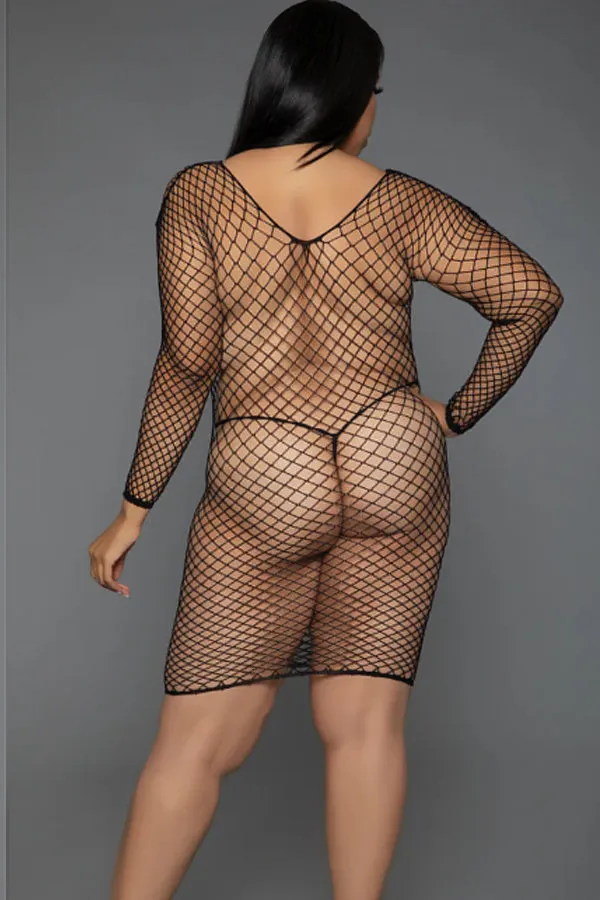 Alluring Fishnet Pattern Minidress with Matching Thong Lingerie Set