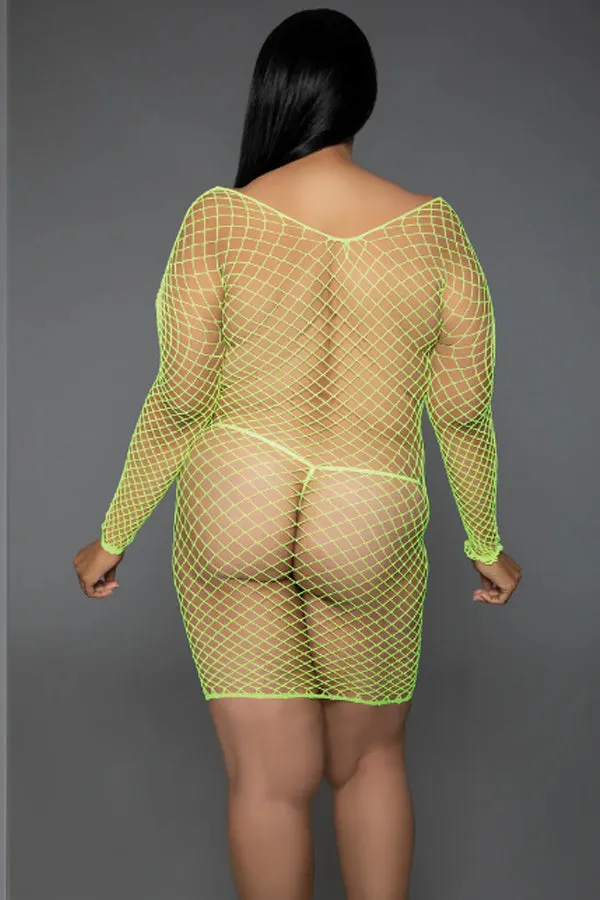 Alluring Fishnet Pattern Minidress with Matching Thong Lingerie Set