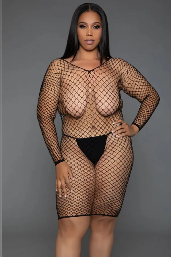 Alluring Fishnet Pattern Minidress with Matching Thong Lingerie Set