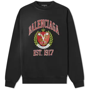 Balenciaga Men's College Logo Cotton Crewneck Sweatshirt Black