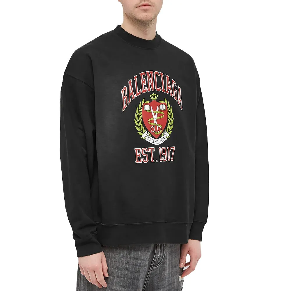 Balenciaga Men's College Logo Cotton Crewneck Sweatshirt Black