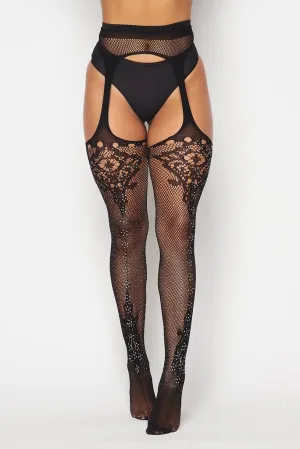 Black Rhinestone Lace Diamond Tights