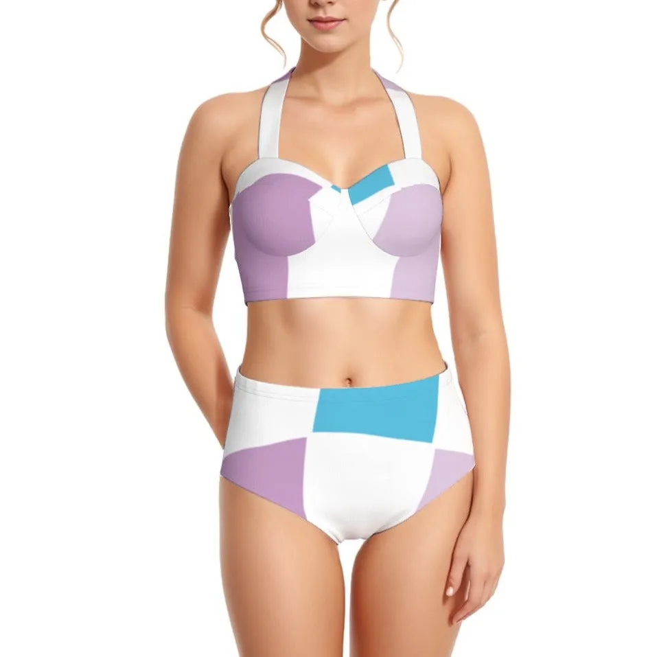 Blue Lavender Women's Swimsuit Set With Halter