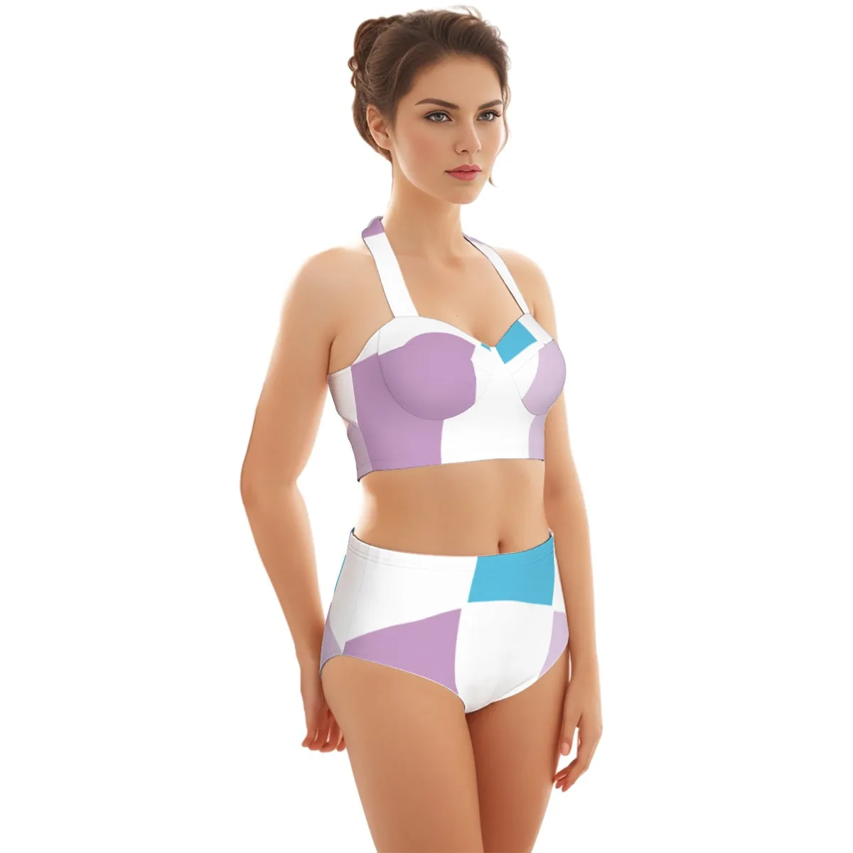 Blue Lavender Women's Swimsuit Set With Halter