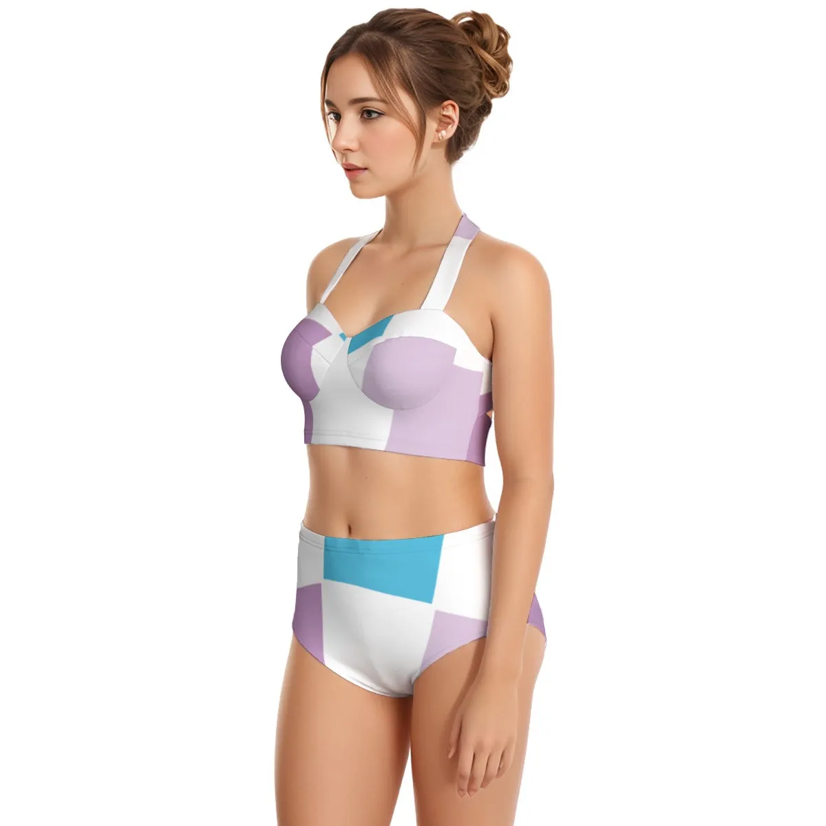 Blue Lavender Women's Swimsuit Set With Halter