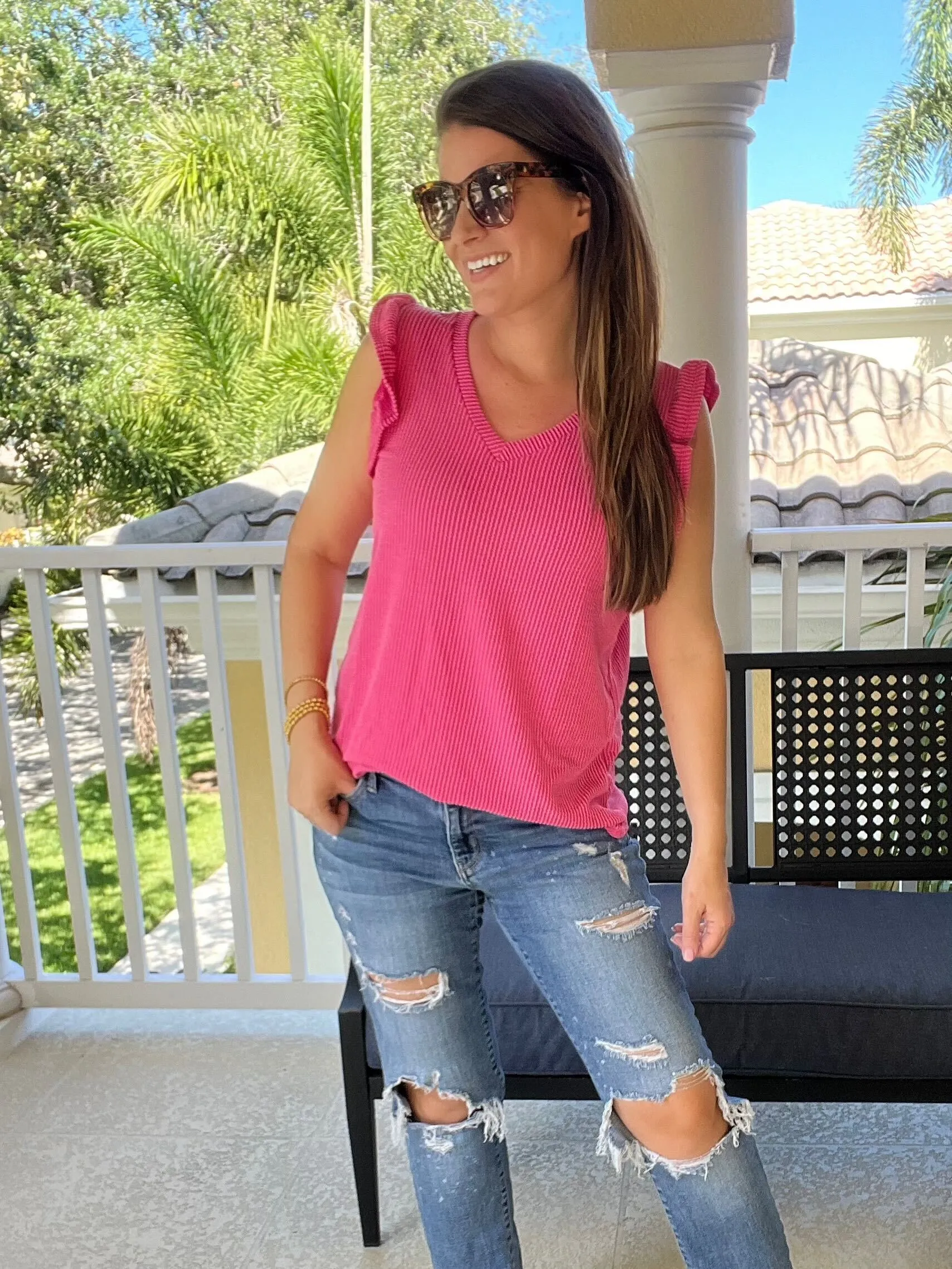 Butterfly Sleeve V-Neck Ribbed Top - Hot Pink