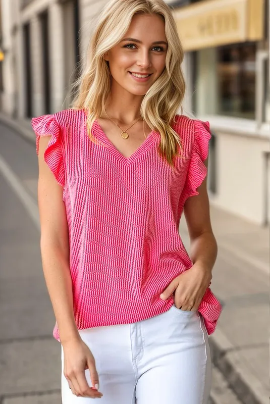 Butterfly Sleeve V-Neck Ribbed Top - Hot Pink