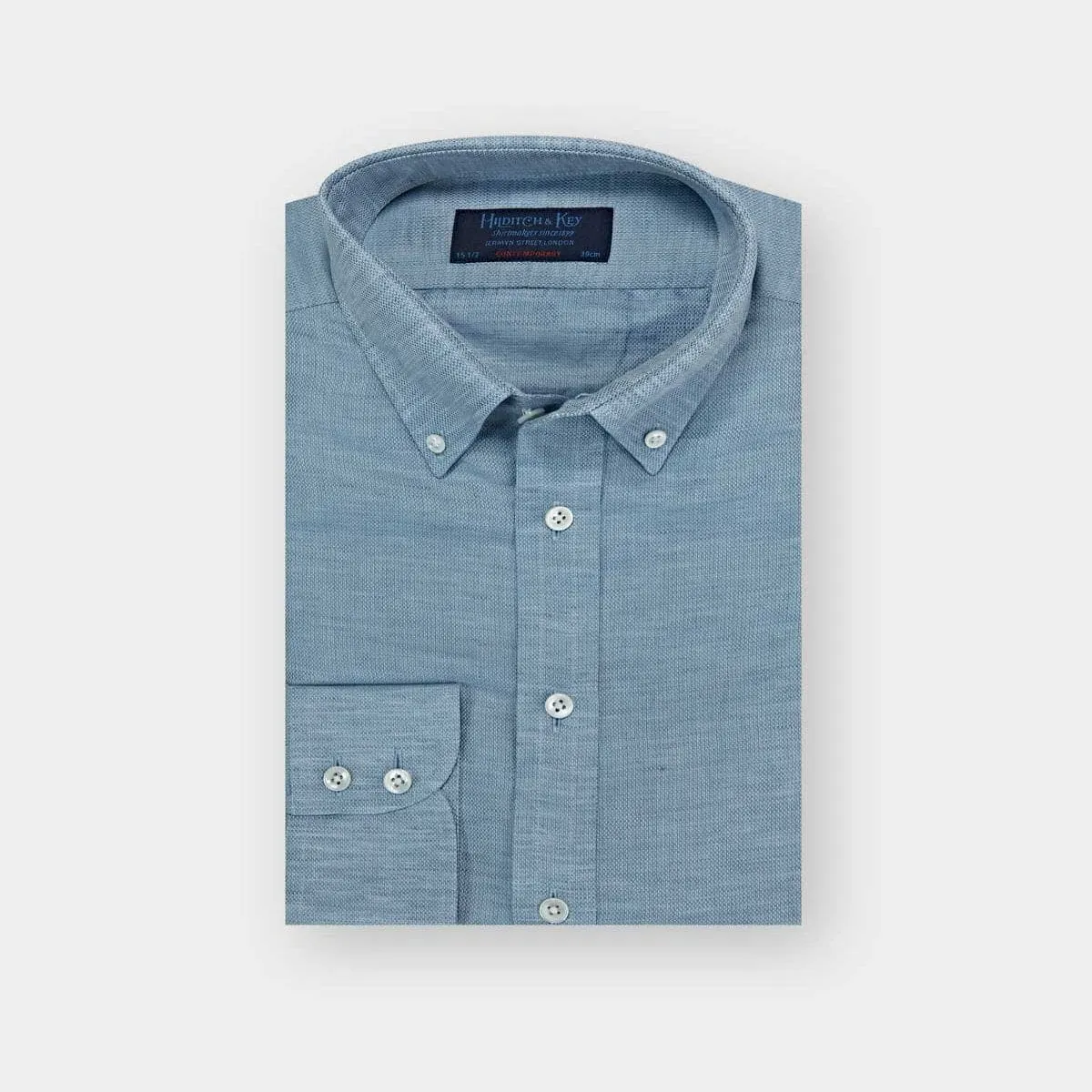 Contemporary Fit Plain Denim Blue Shirt with Button Down Collar & Two Button Cuff