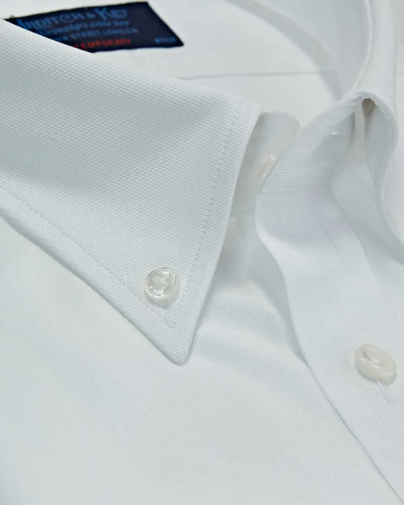 Contemporary Fit White Textured Cotton Shirt with Button Down Collar & Two Button Cuff