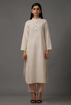 Cream White  Pure Woven Cotton Kurta