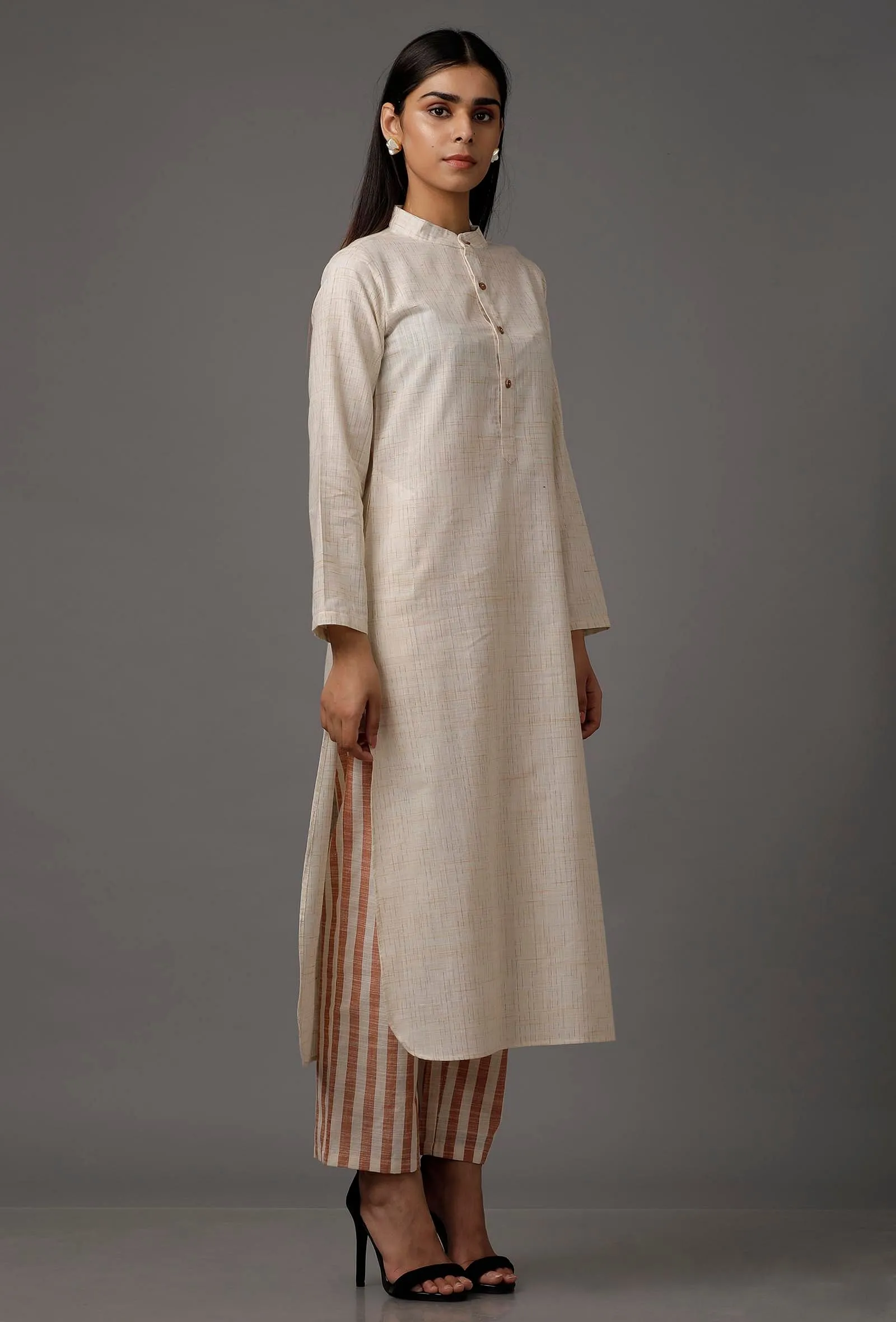 Cream White  Pure Woven Cotton Kurta