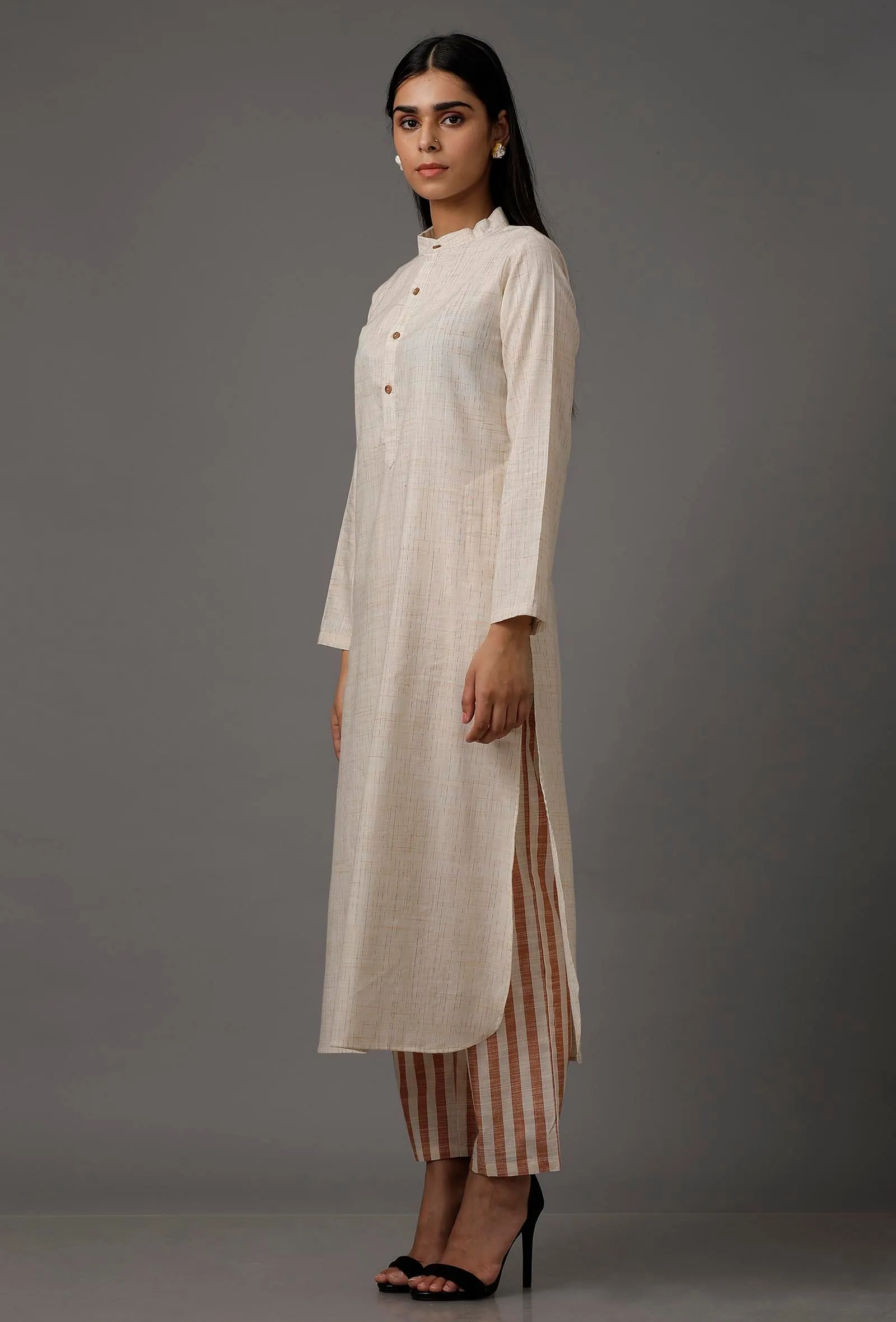 Cream White  Pure Woven Cotton Kurta