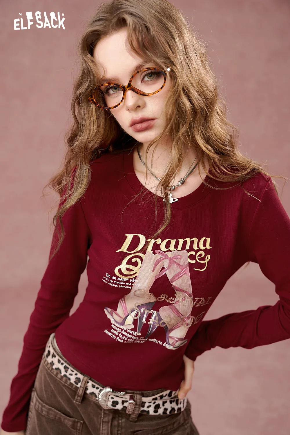 ELFSACK 2024 Autumn New Arrivals Retro Print Slim Fit Long Sleeve Cropped T-Shirt Women