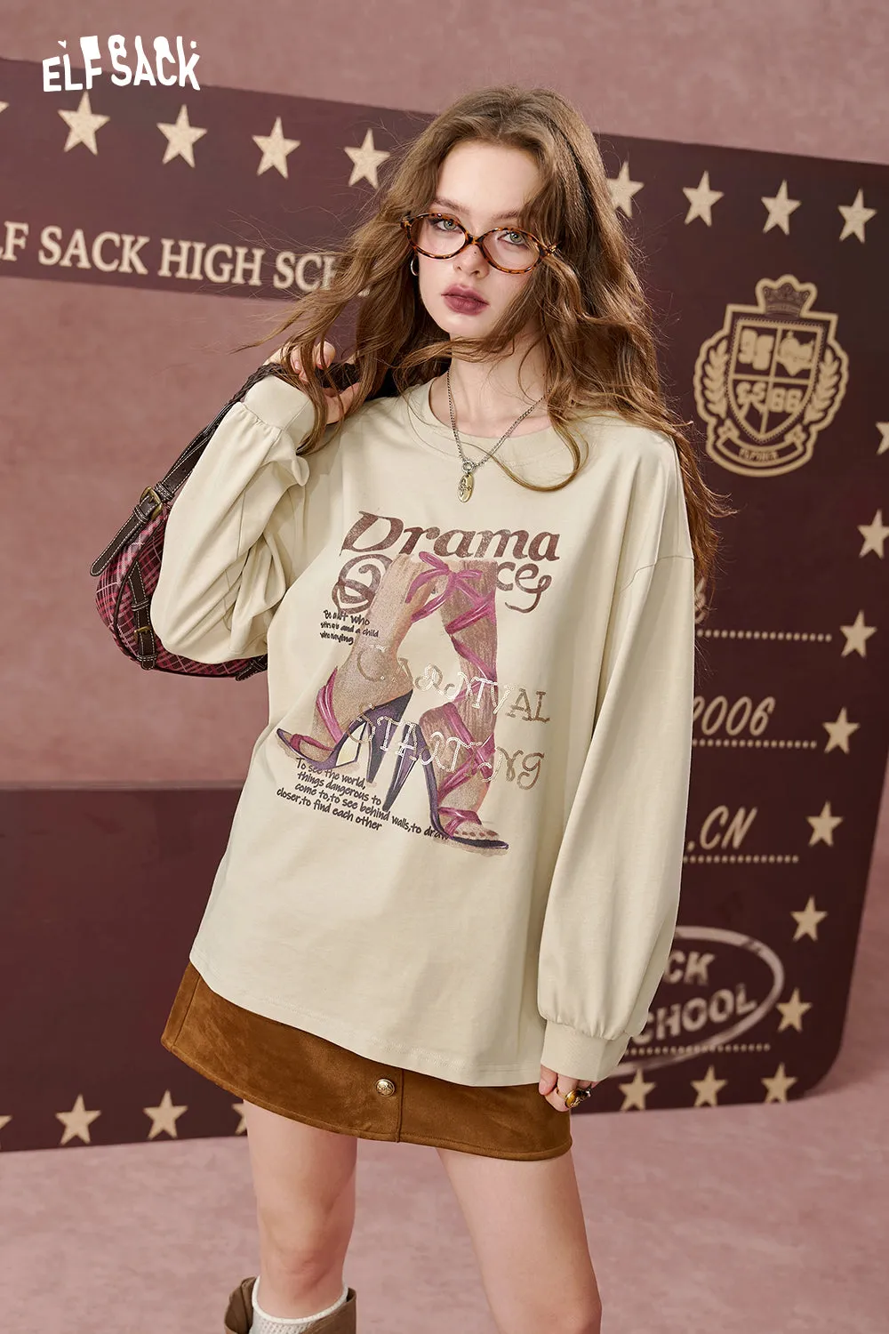 ELFSACK 2024 Autumn New Arrivals Round neck printed loose long sleeved T-shirt for women, casual top