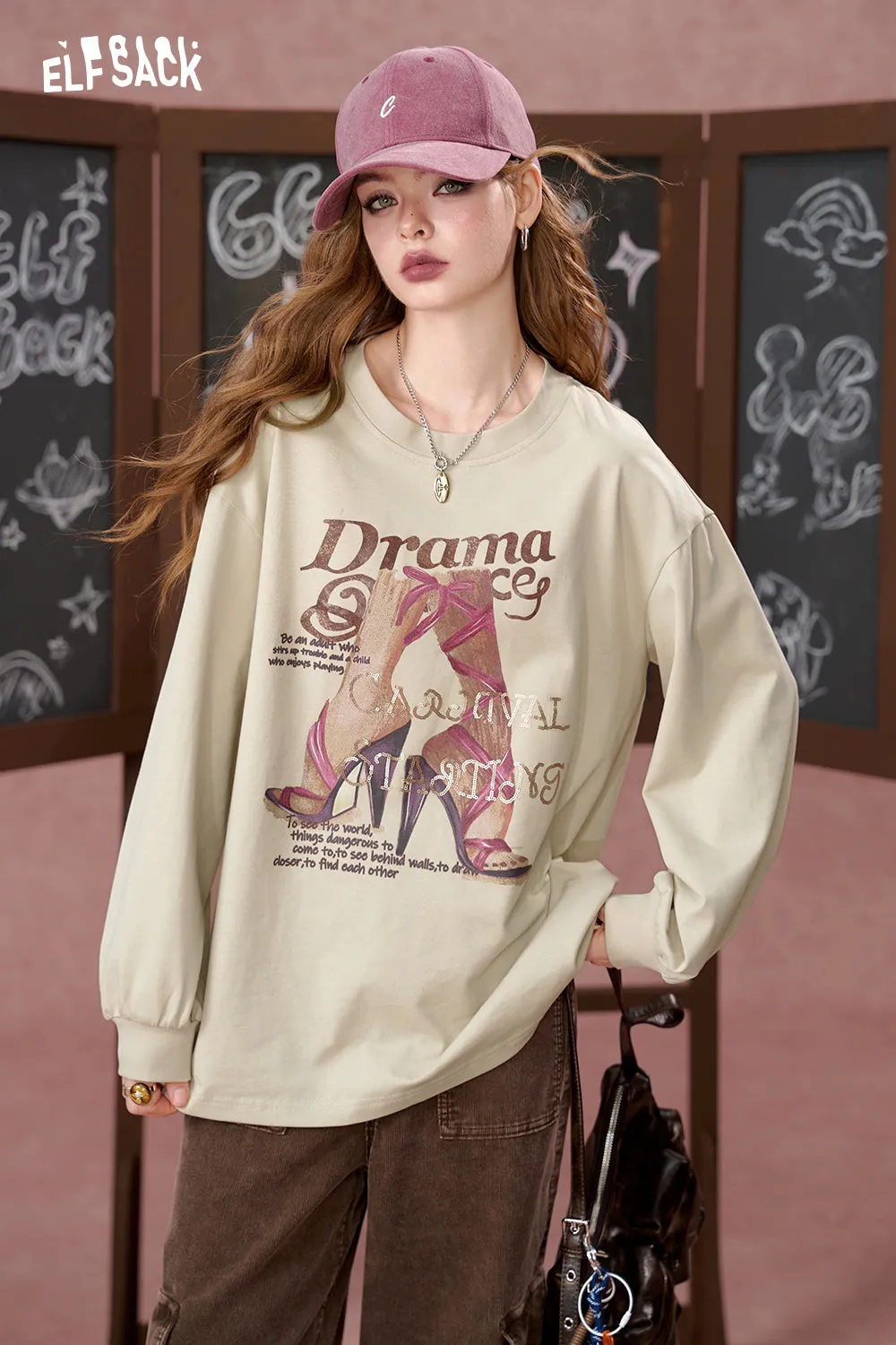 ELFSACK 2024 Autumn New Arrivals Round neck printed loose long sleeved T-shirt for women, casual top