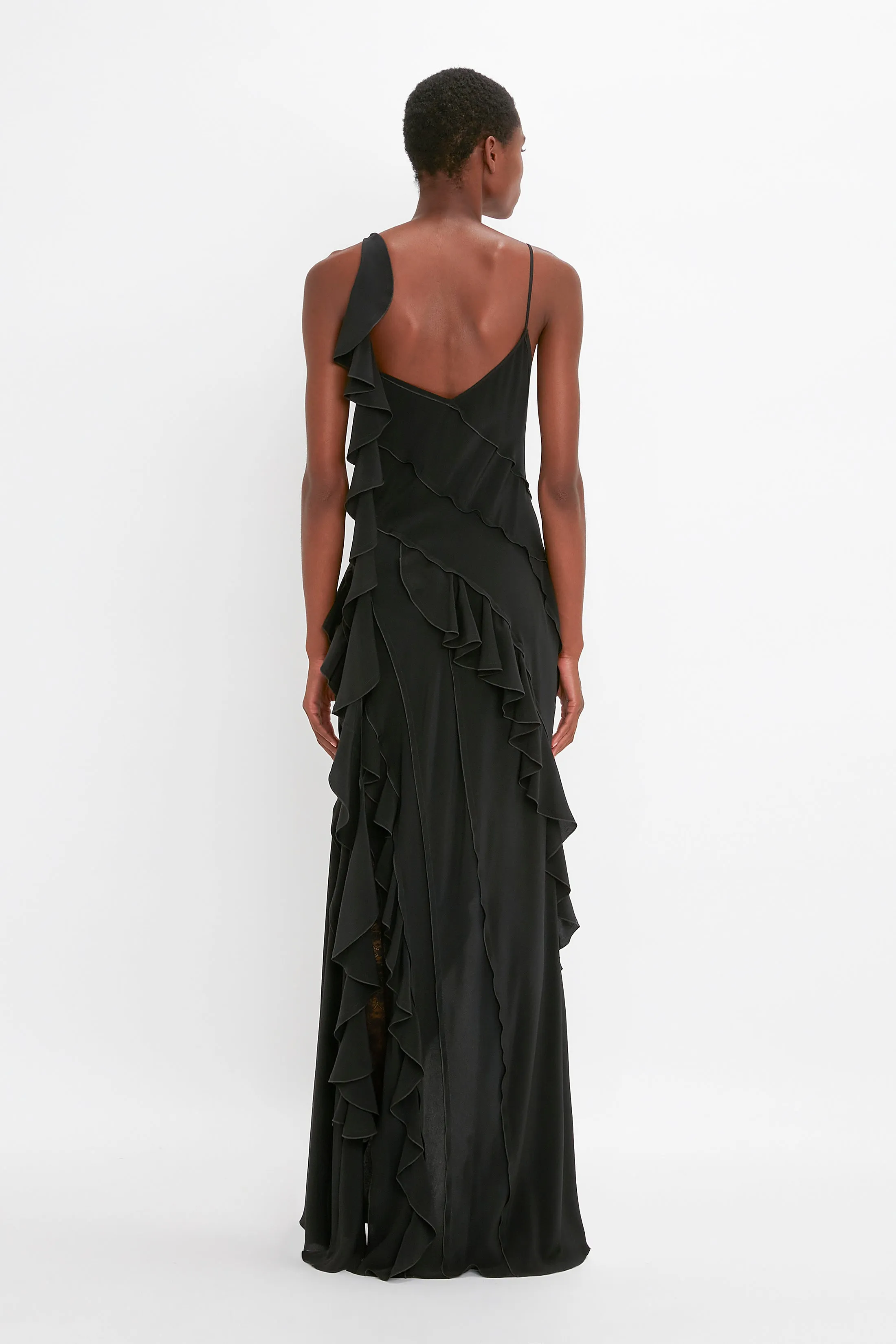 Exclusive Asymmetric Bias Frill Dress In Black