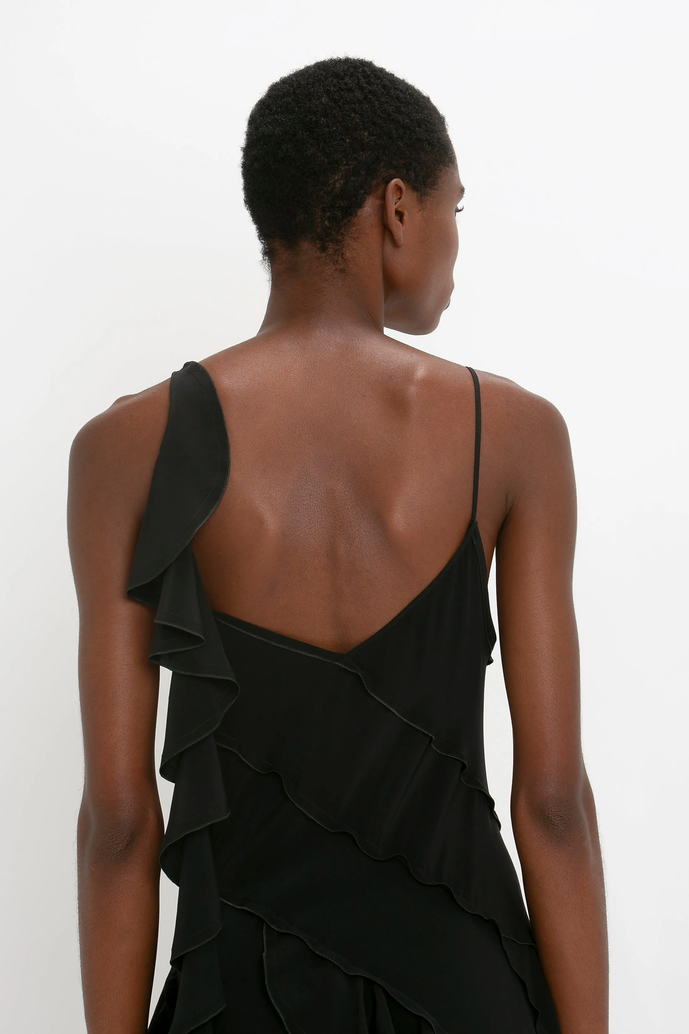 Exclusive Asymmetric Bias Frill Dress In Black