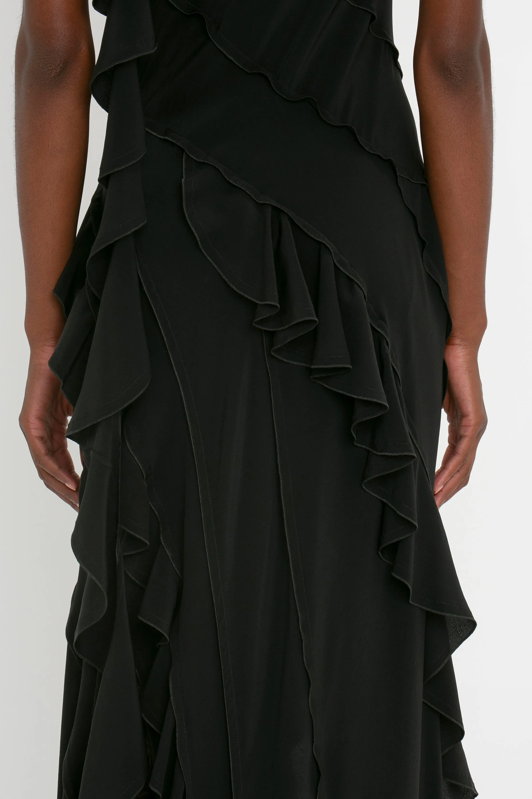 Exclusive Asymmetric Bias Frill Dress In Black