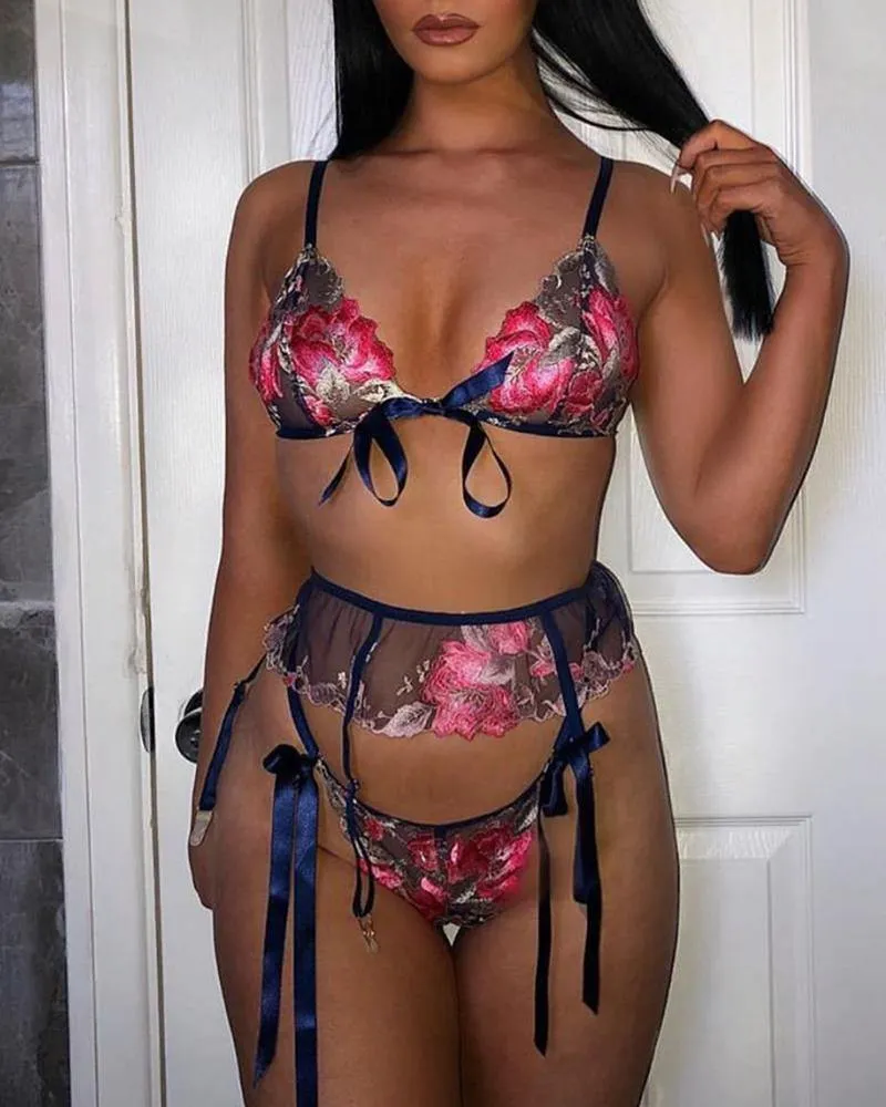 Floral Embroidery Sheer Mesh Ribbon Lingerie Set