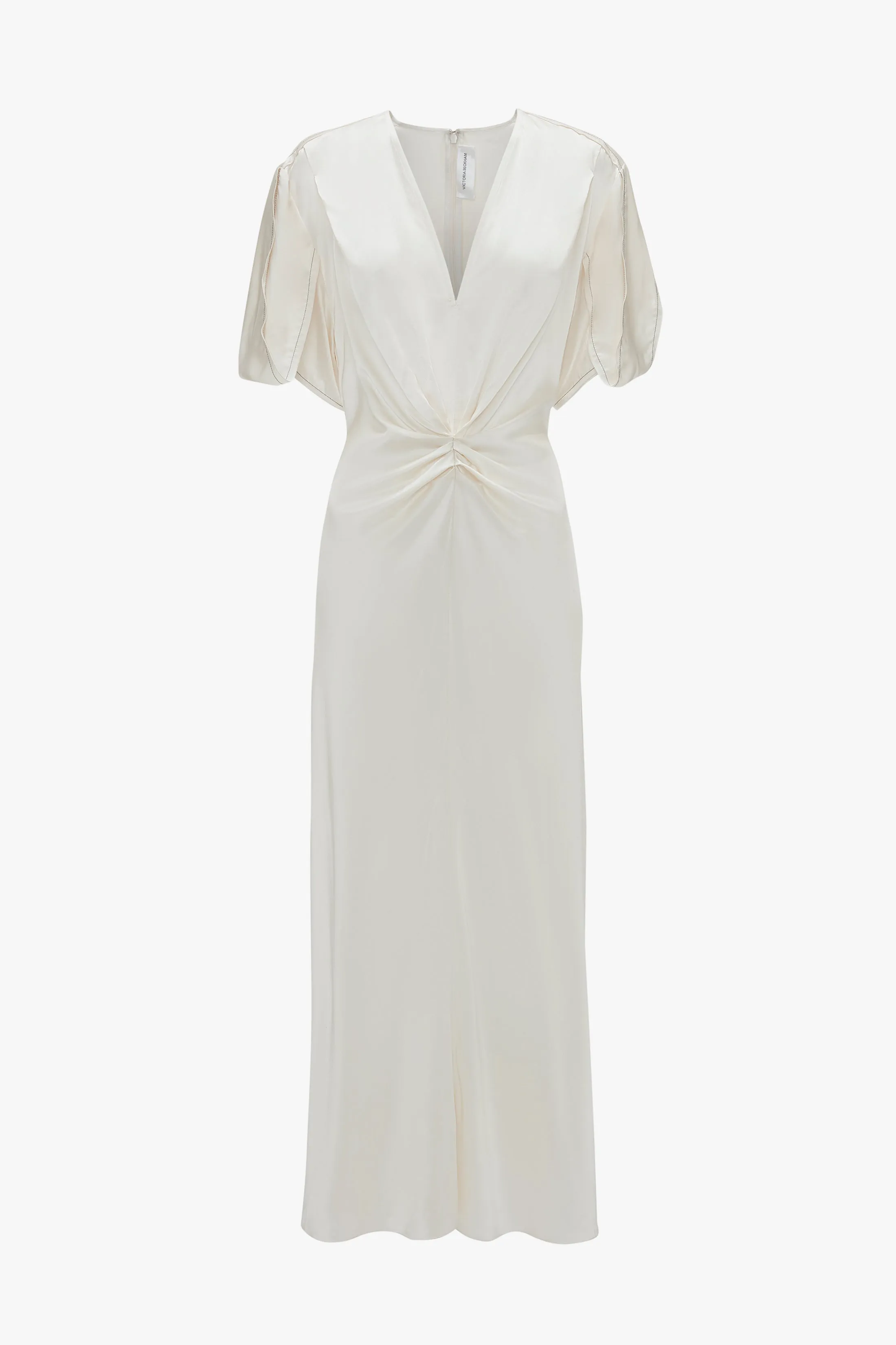 Gathered V-Neck Midi Dress In Ivory