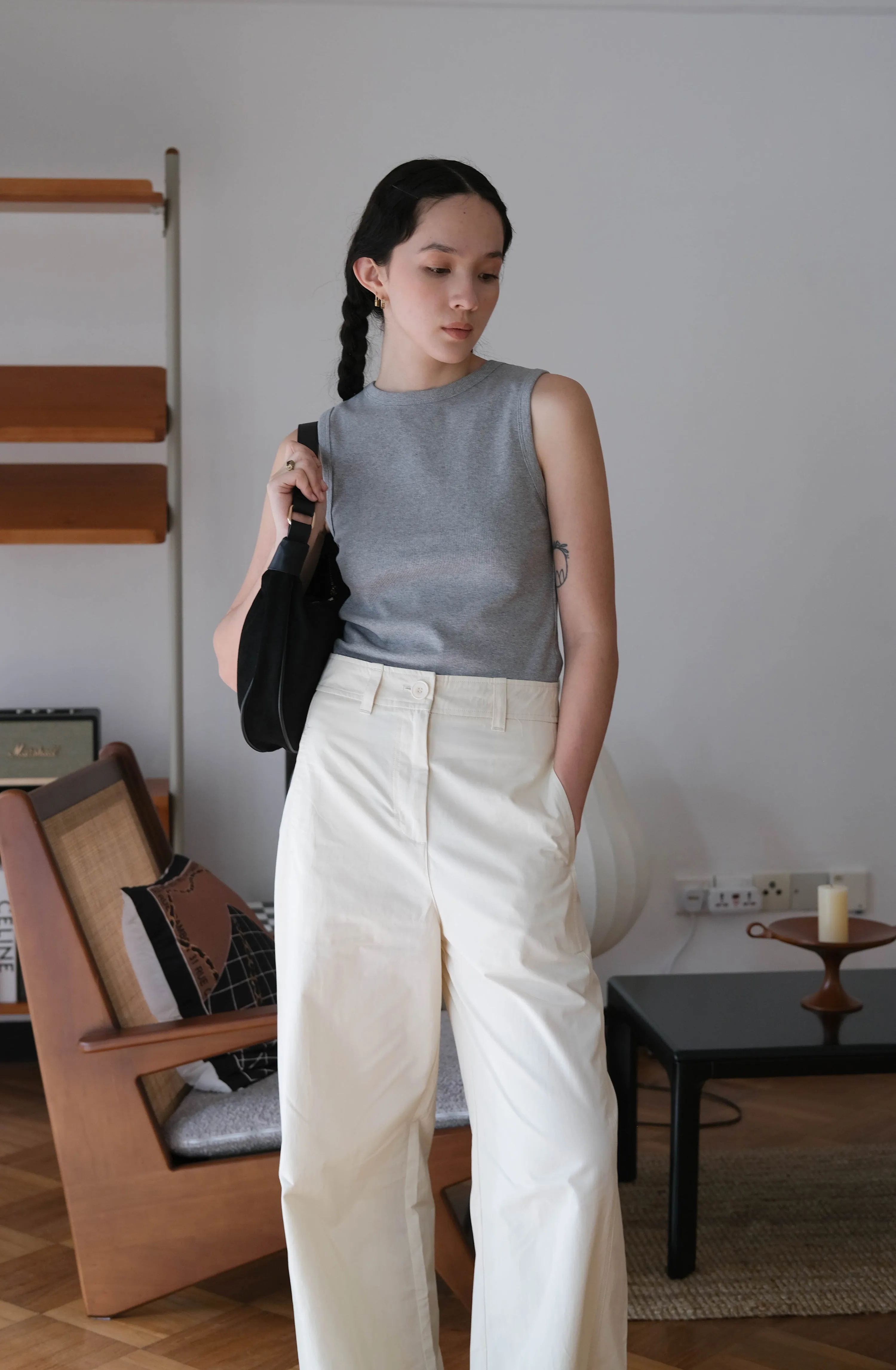 Loose and Slim Drape Slacks in Cream White