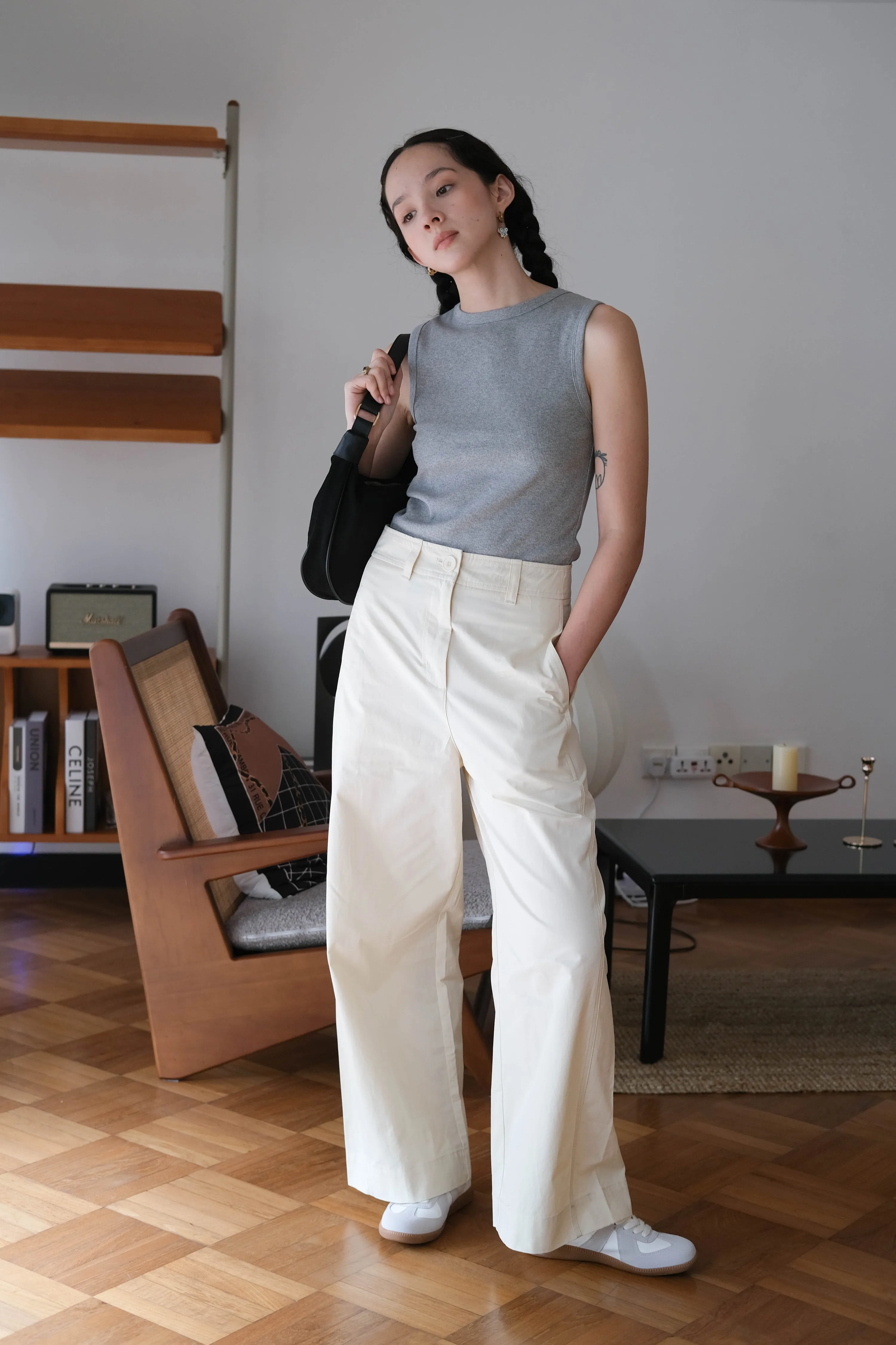 Loose and Slim Drape Slacks in Cream White