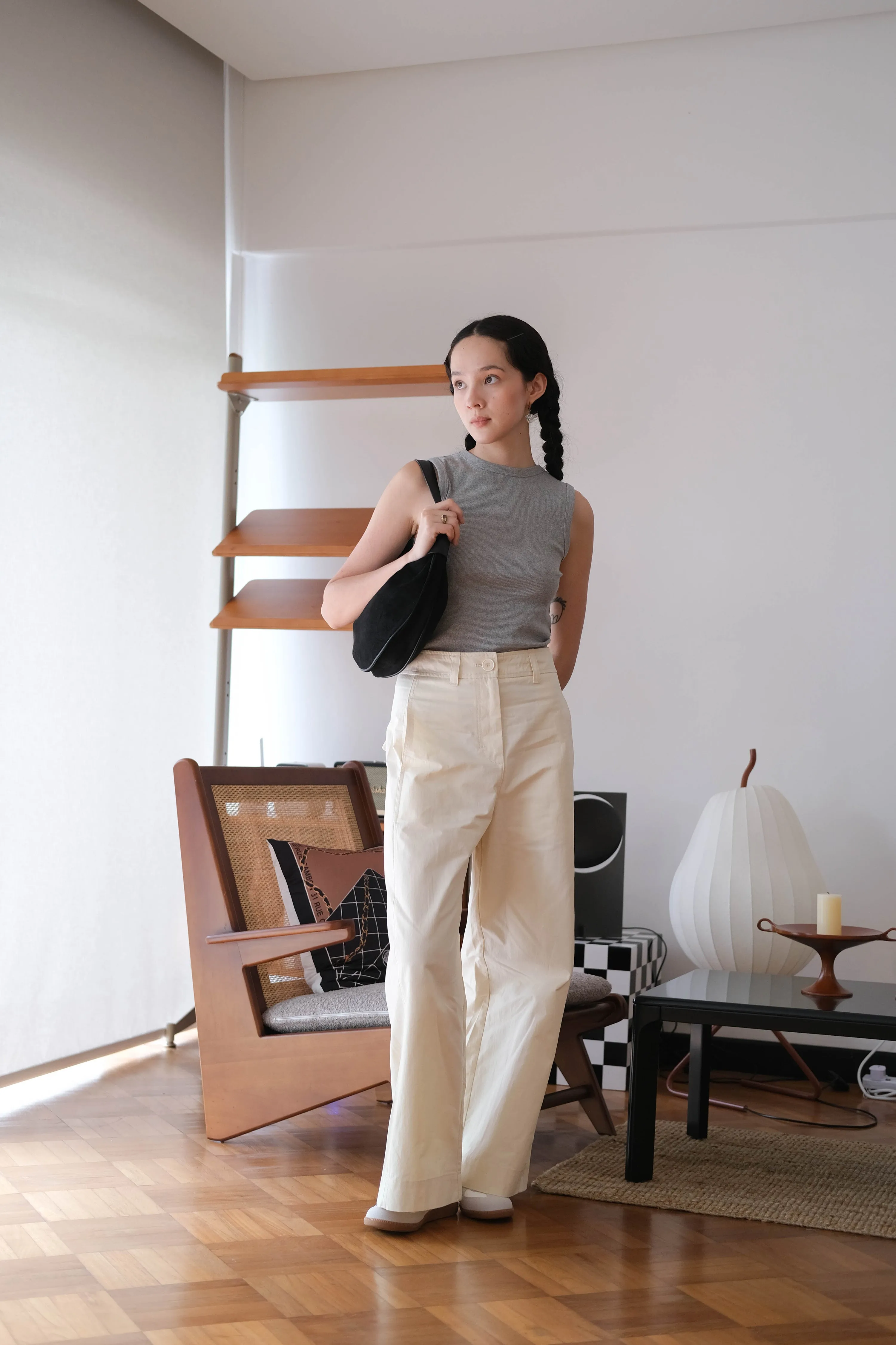 Loose and Slim Drape Slacks in Cream White