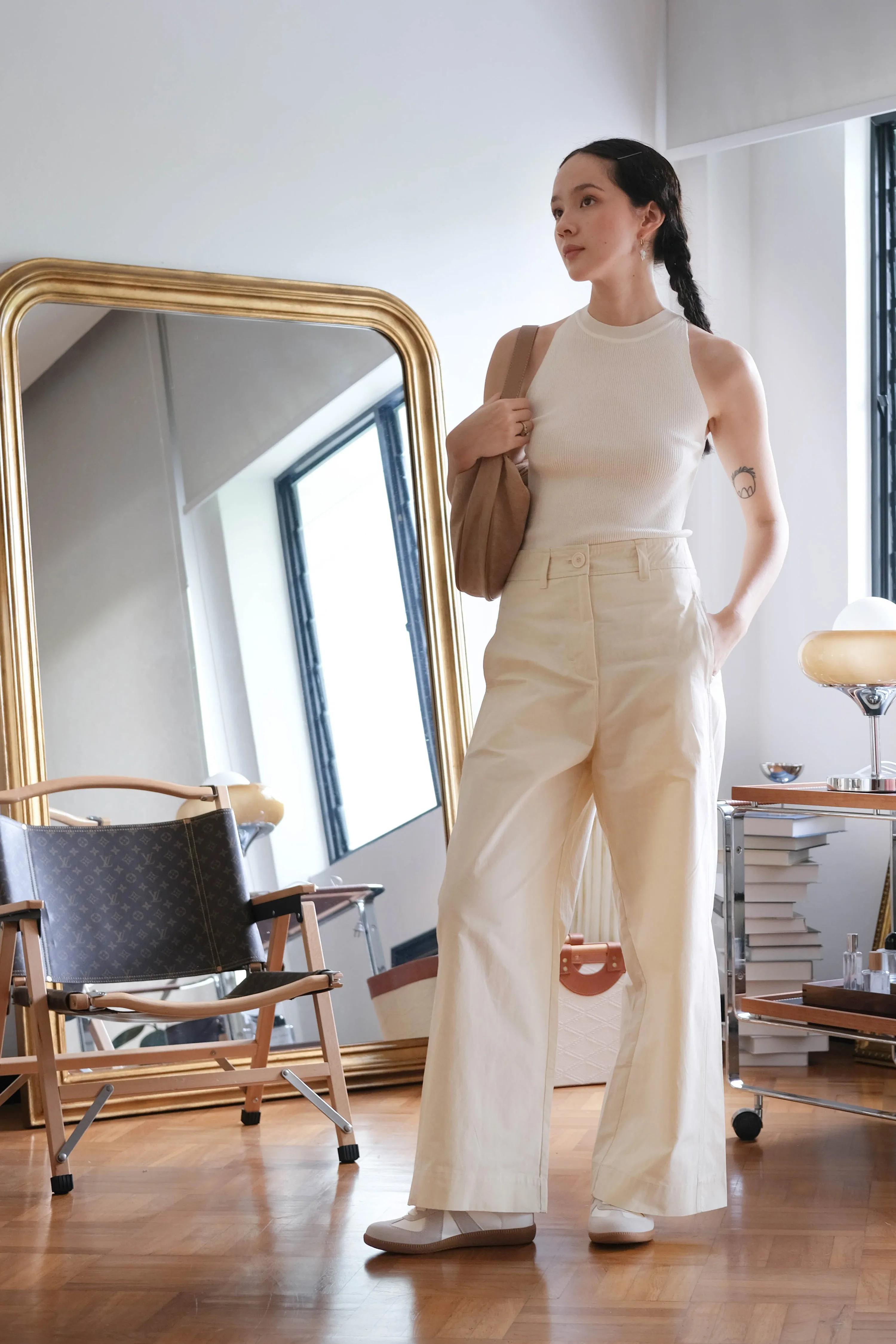 Loose and Slim Drape Slacks in Cream White