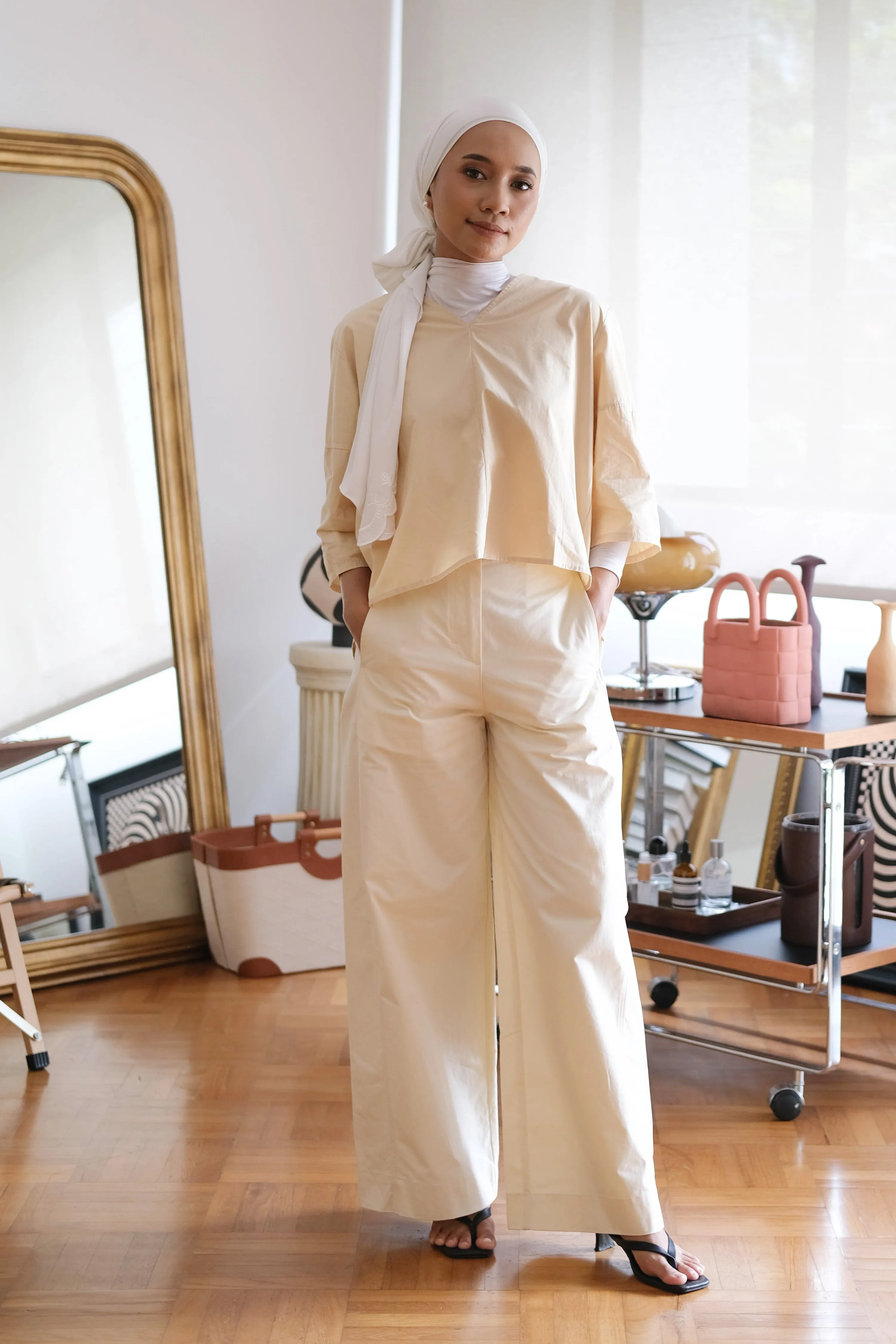 Loose and Slim Drape Slacks in Cream White