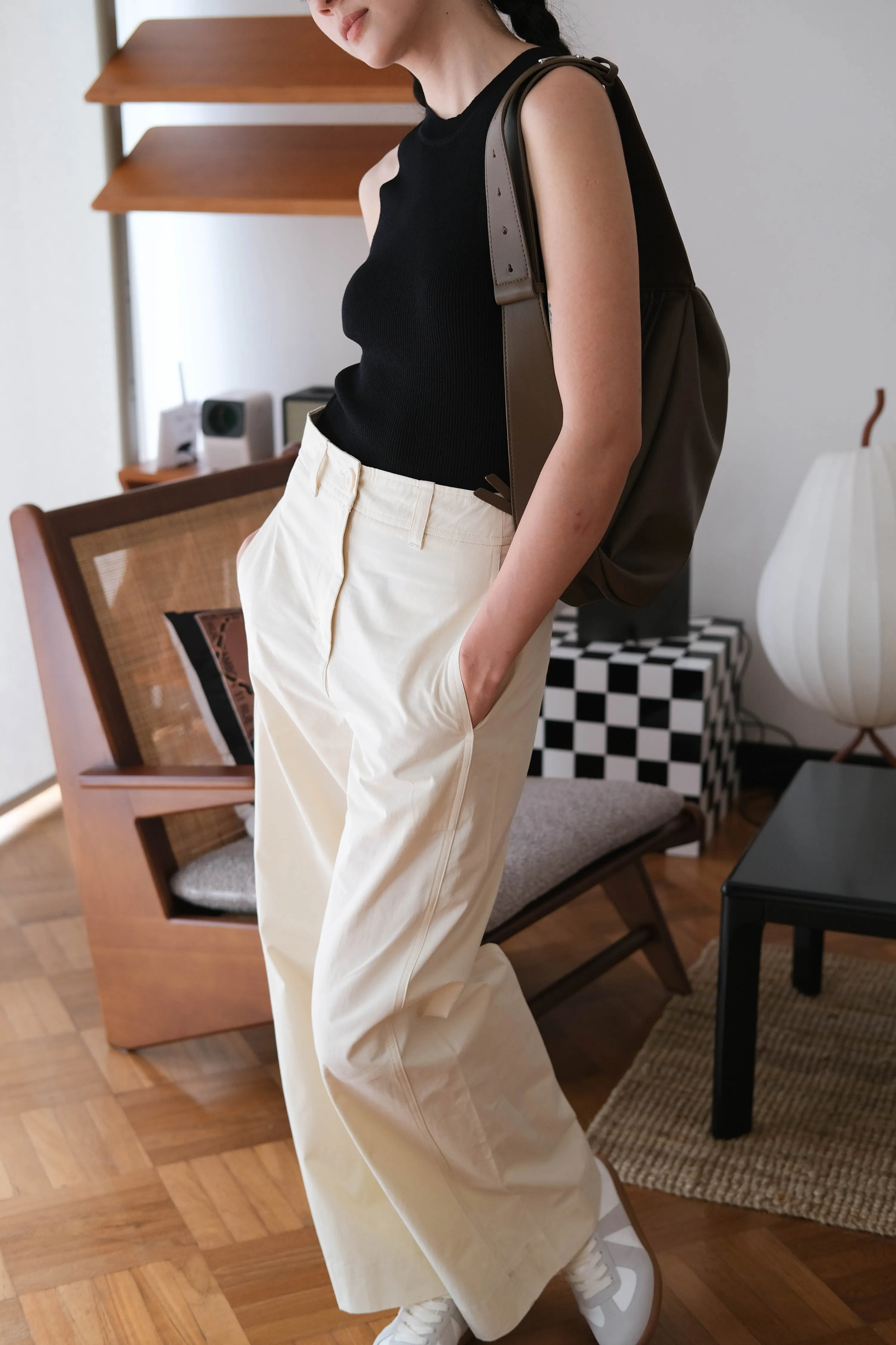 Loose and Slim Drape Slacks in Cream White