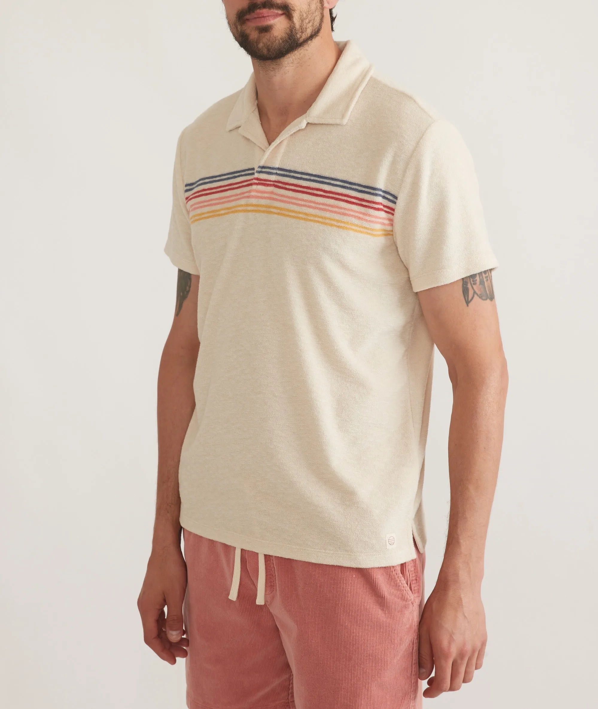 Marine Layer Terry Out Stripe Polo in Fog Sunset Stripe