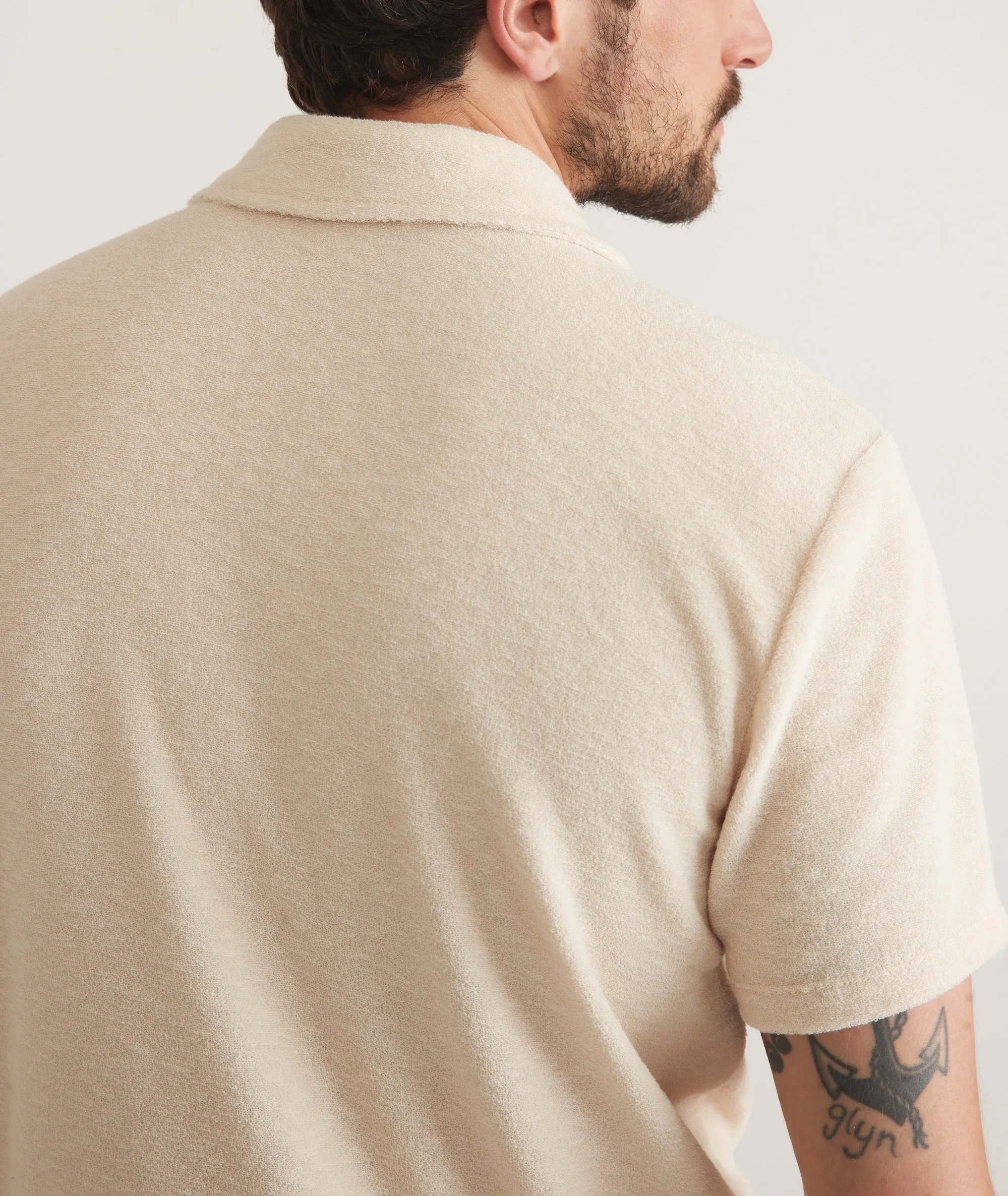 Marine Layer Terry Out Stripe Polo in Fog Sunset Stripe