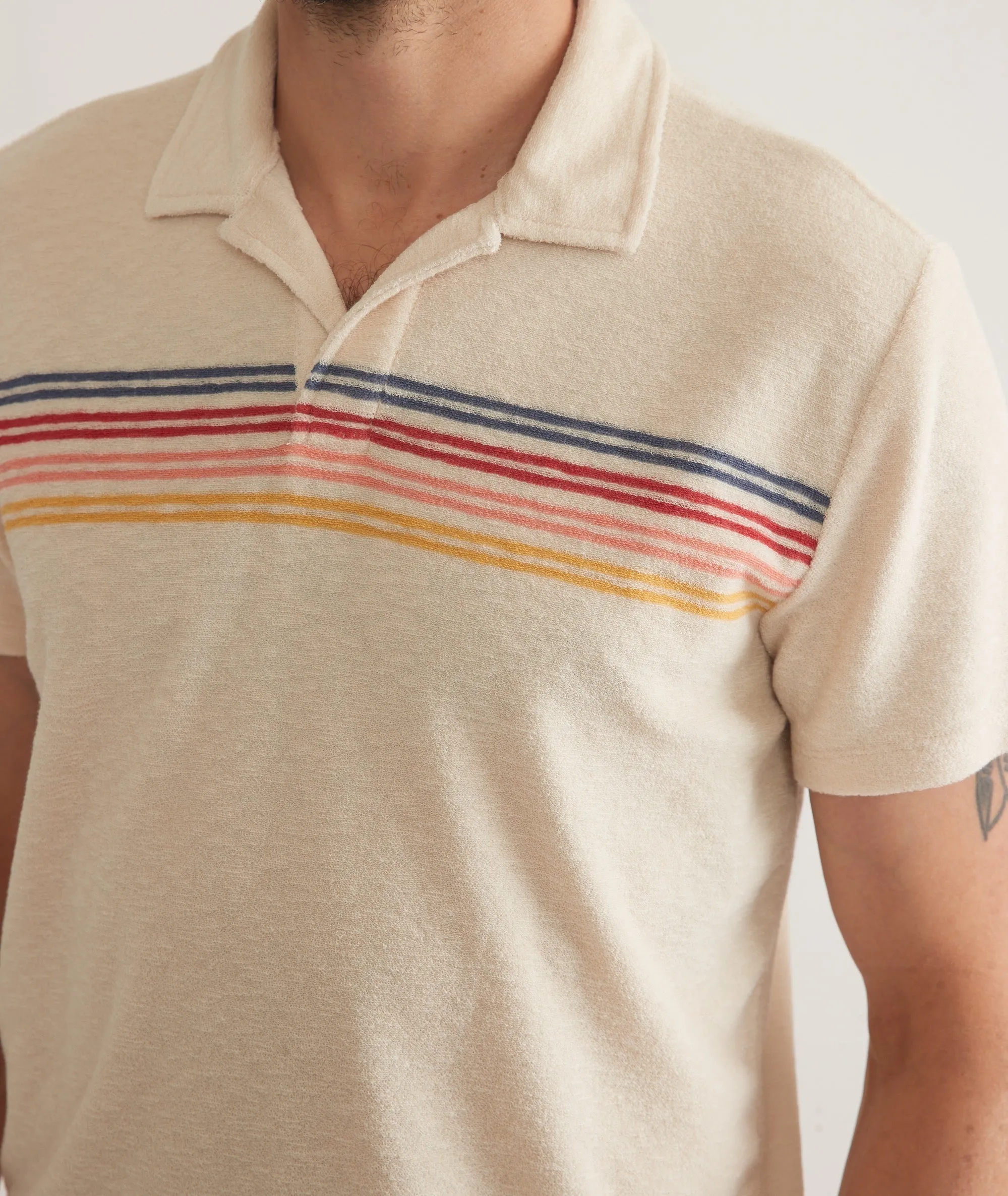 Marine Layer Terry Out Stripe Polo in Fog Sunset Stripe