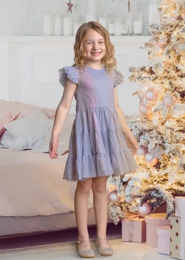 PHOENIX TIERED SOFT TULLE & SPARKLING LS KNIT DRESS