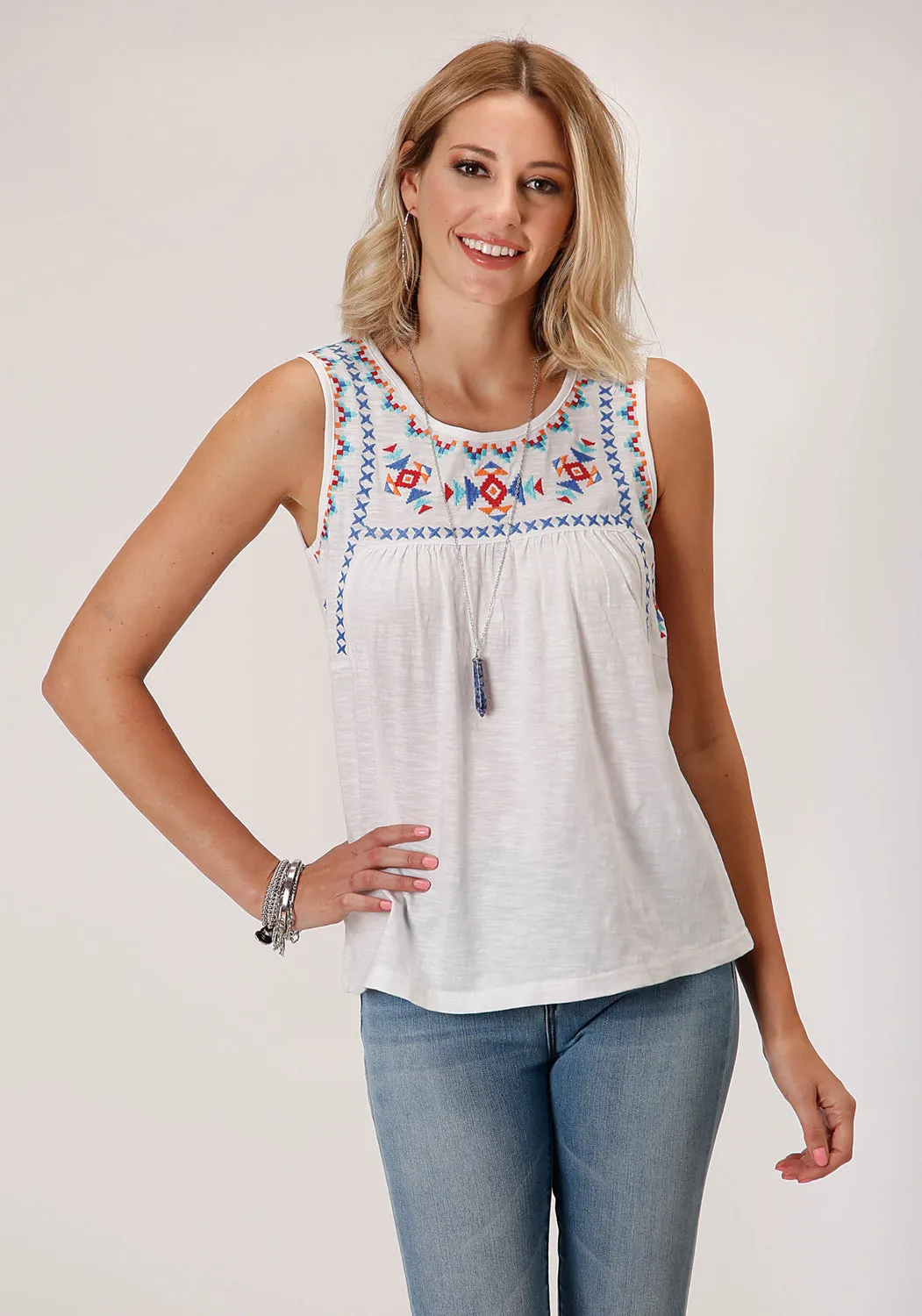 Roper Womens White 100% Cotton Cross-Stitch S/L Tank Top