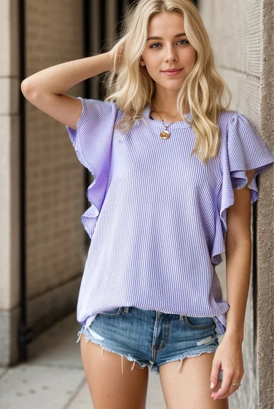 Ruffle Sleeve Round Neck Ribbed Top - Lavender