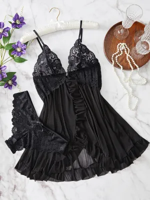 Seductive Contrast Lace Ruffle Trim Lingerie Set | Deep V-Slip Dress & Thong