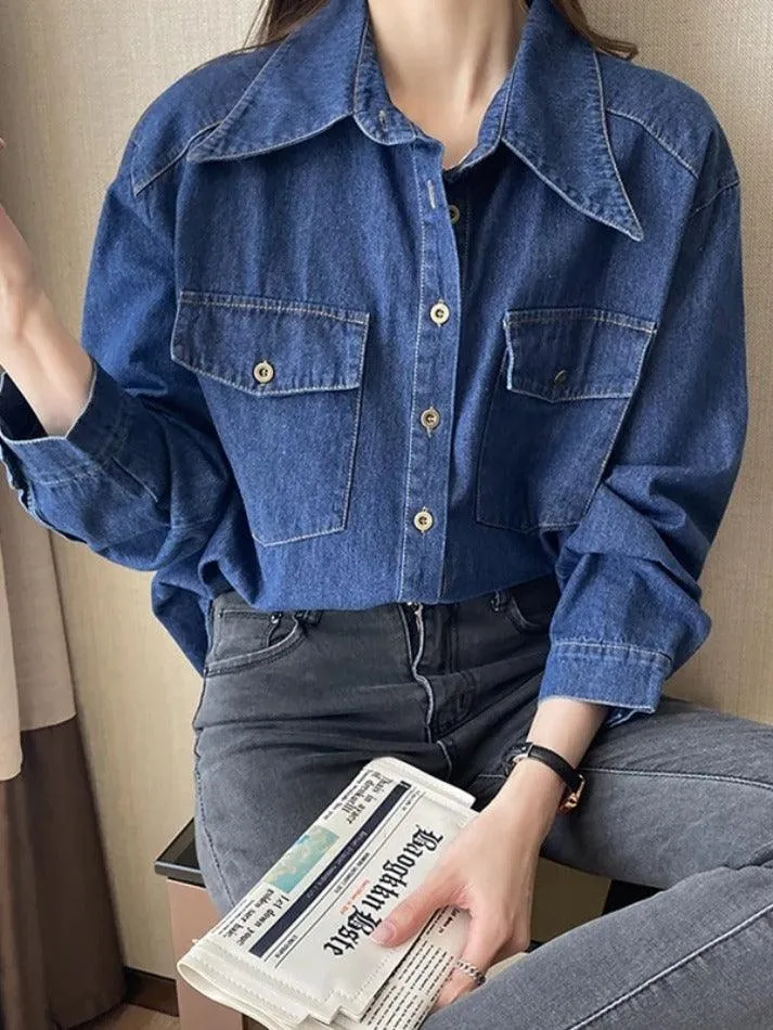 Uniwim ootd Wash Dual Pocket Denim Blouses&Shirts