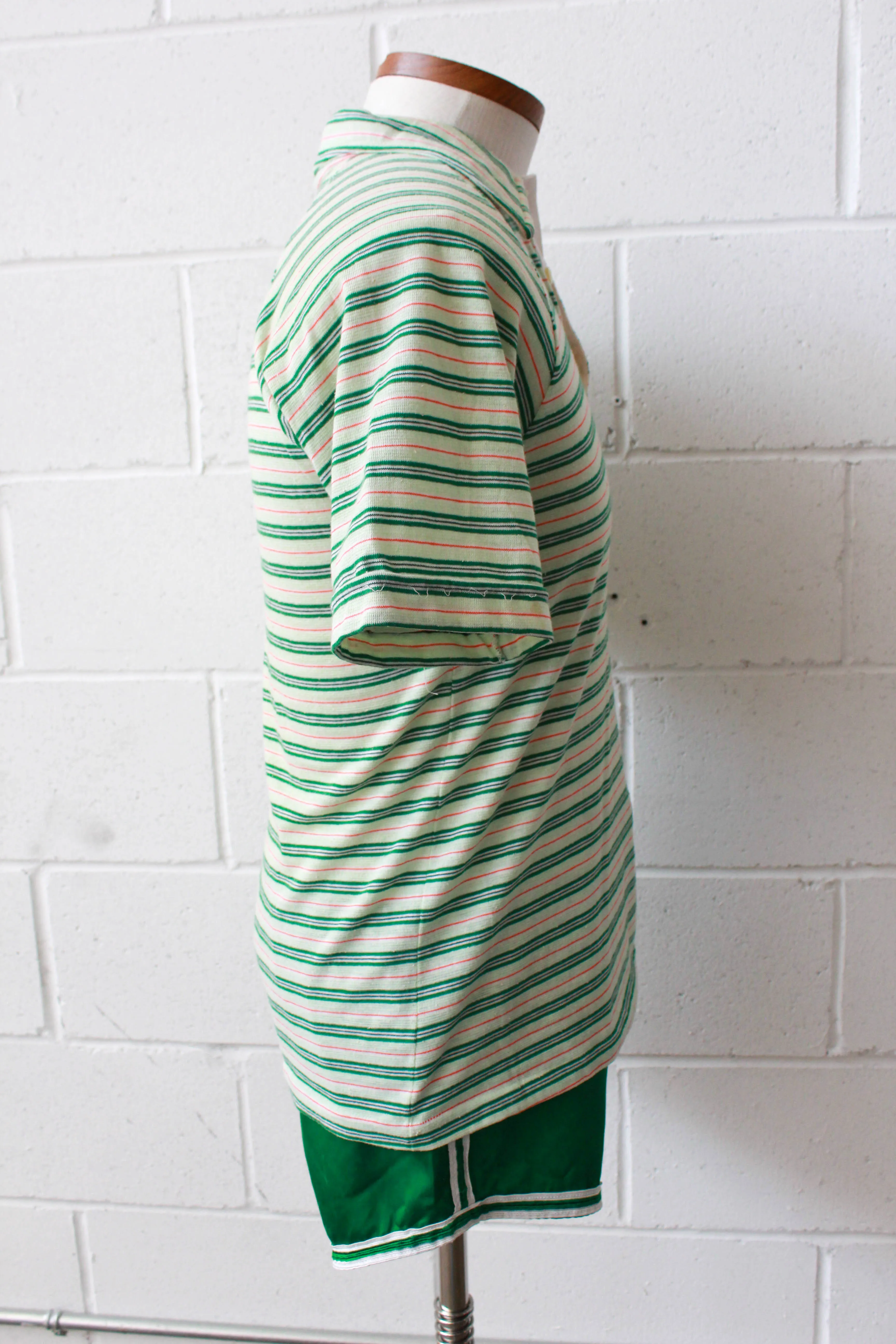 Vintage 1970s Green and White Striped Knit Polo Shirt, Medium