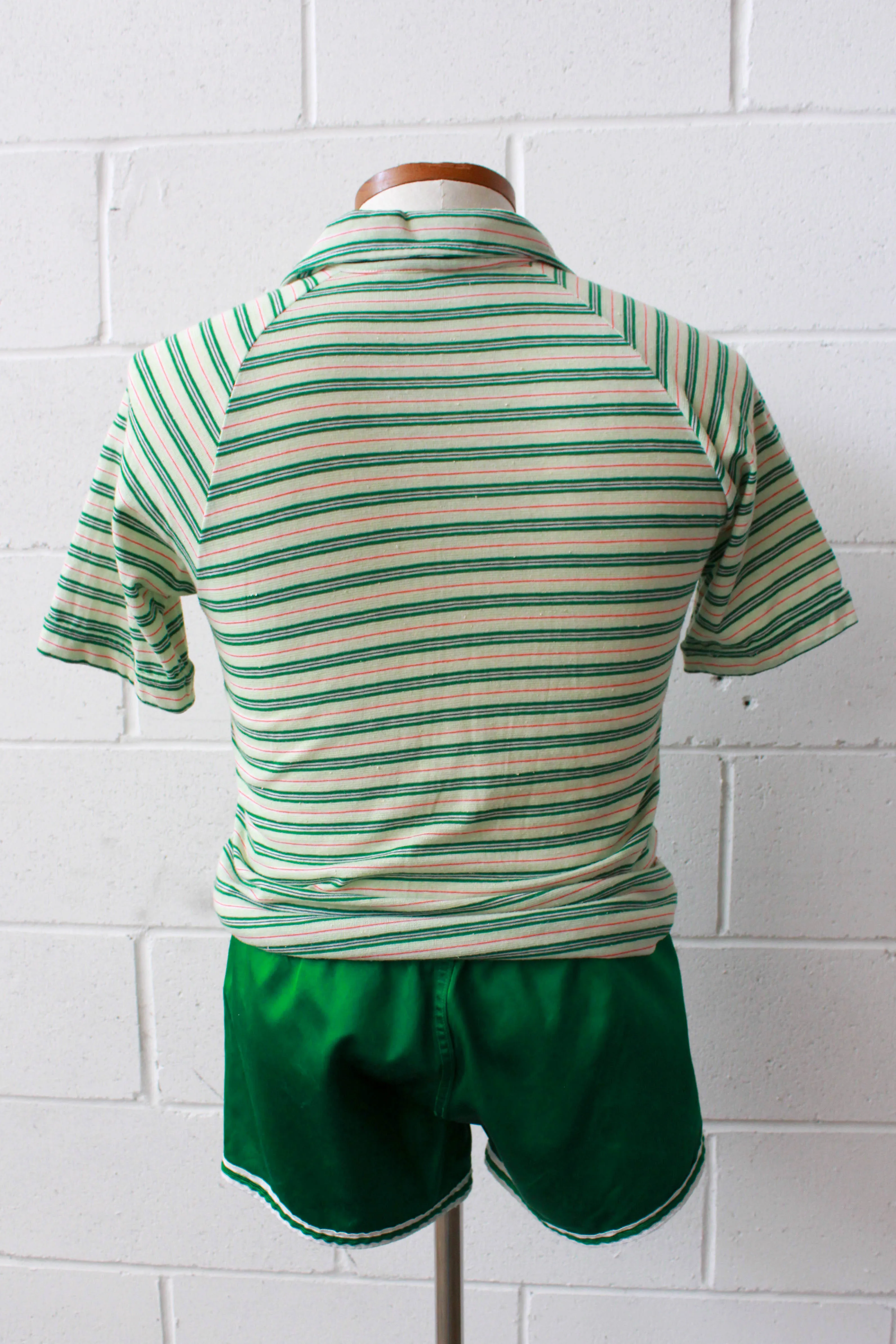 Vintage 1970s Green and White Striped Knit Polo Shirt, Medium