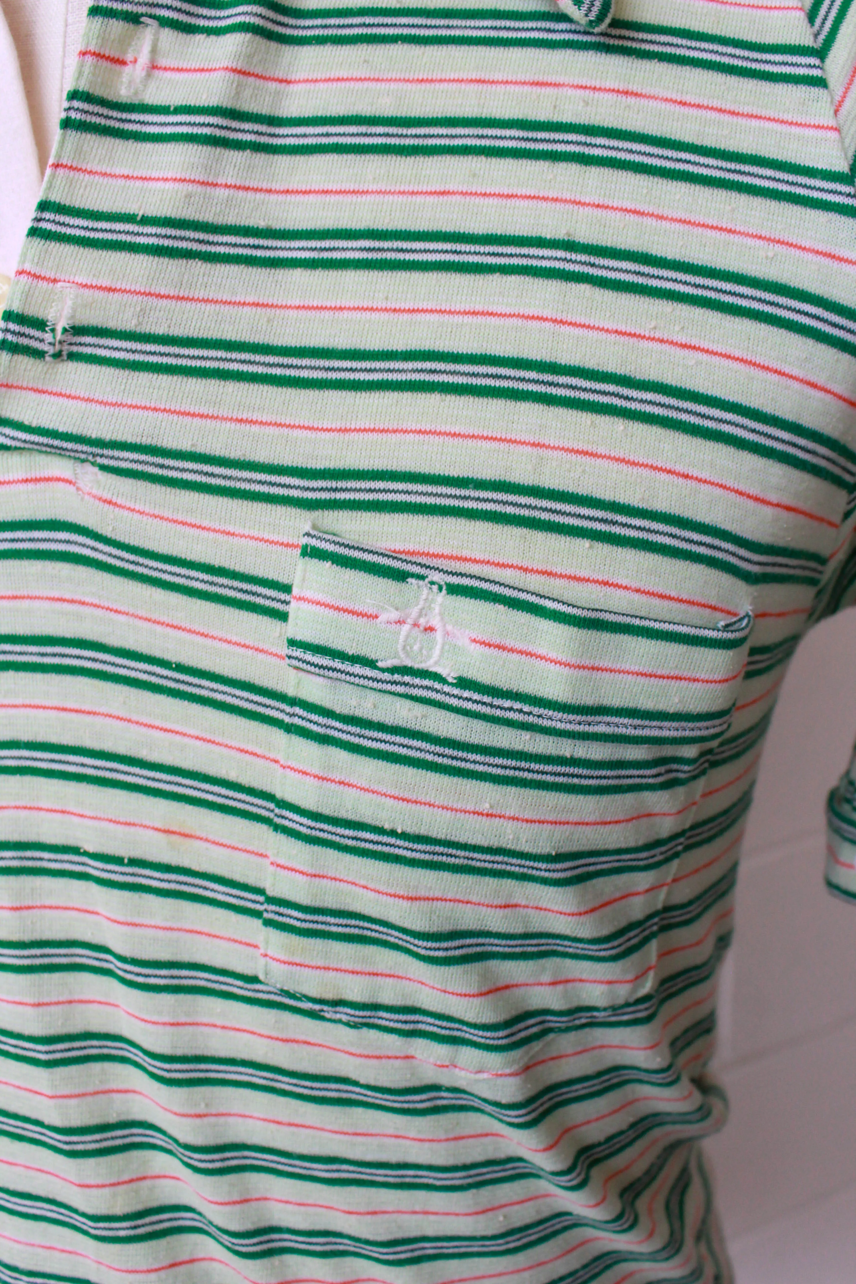 Vintage 1970s Green and White Striped Knit Polo Shirt, Medium