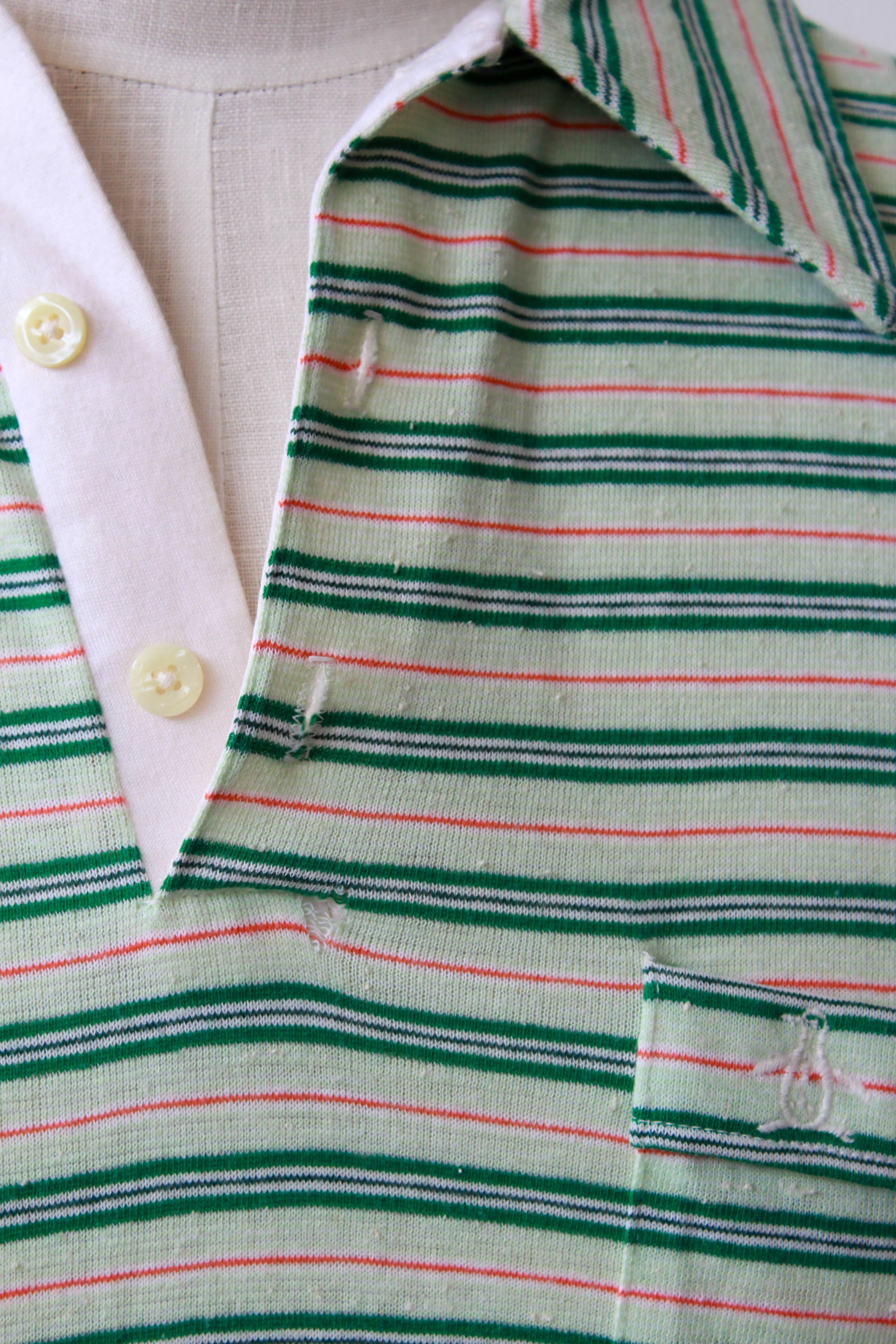 Vintage 1970s Green and White Striped Knit Polo Shirt, Medium