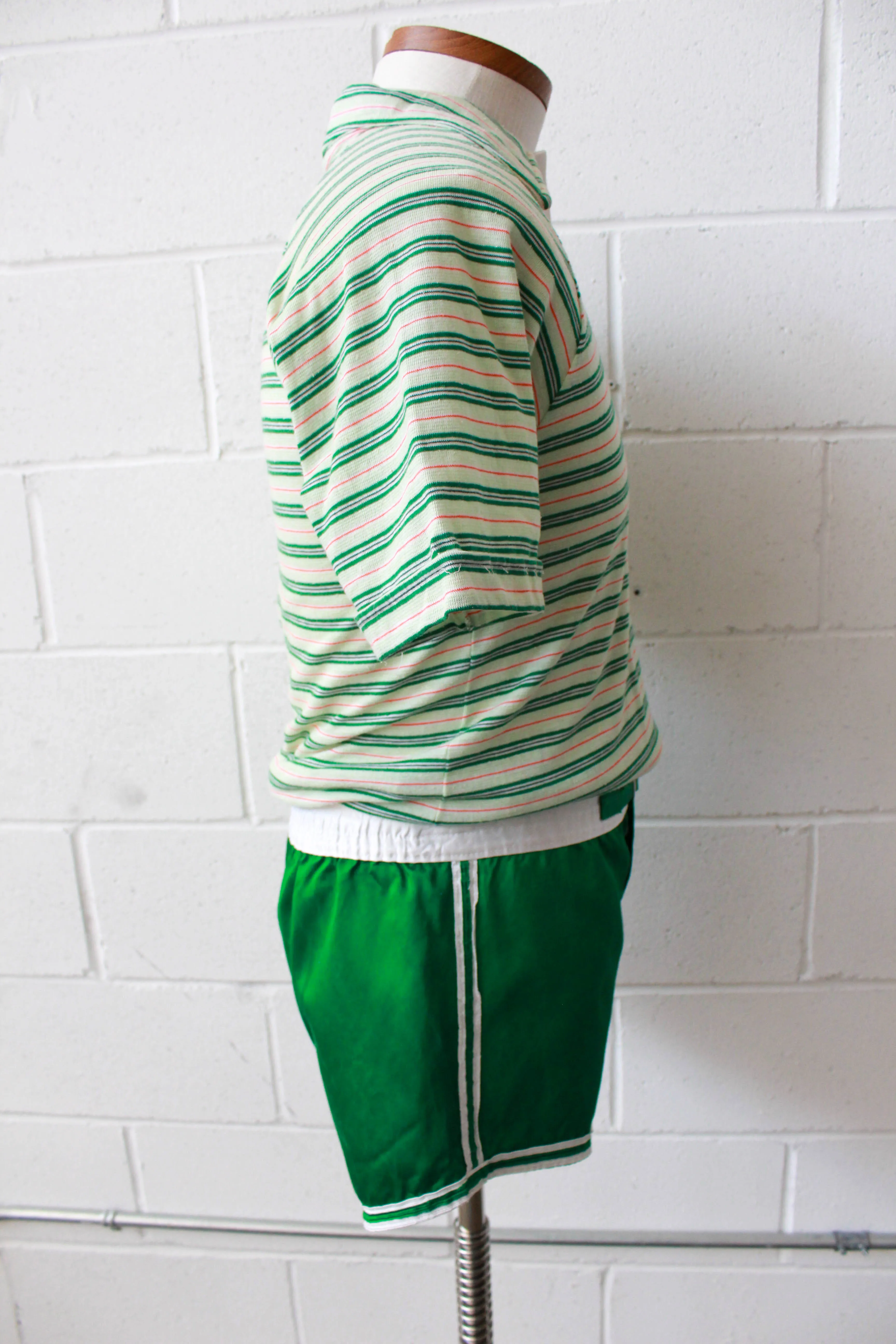 Vintage 1970s Green and White Striped Knit Polo Shirt, Medium