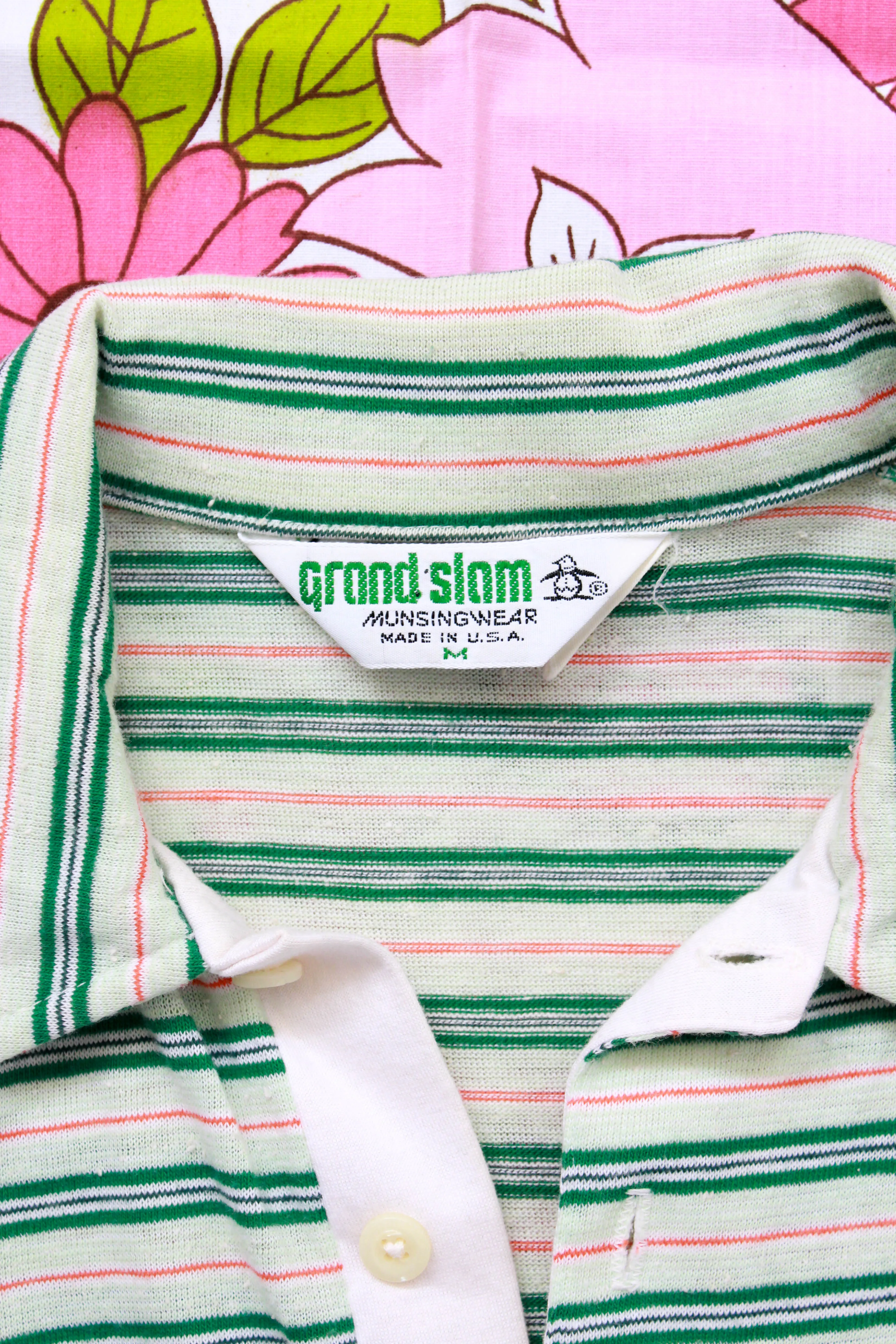 Vintage 1970s Green and White Striped Knit Polo Shirt, Medium