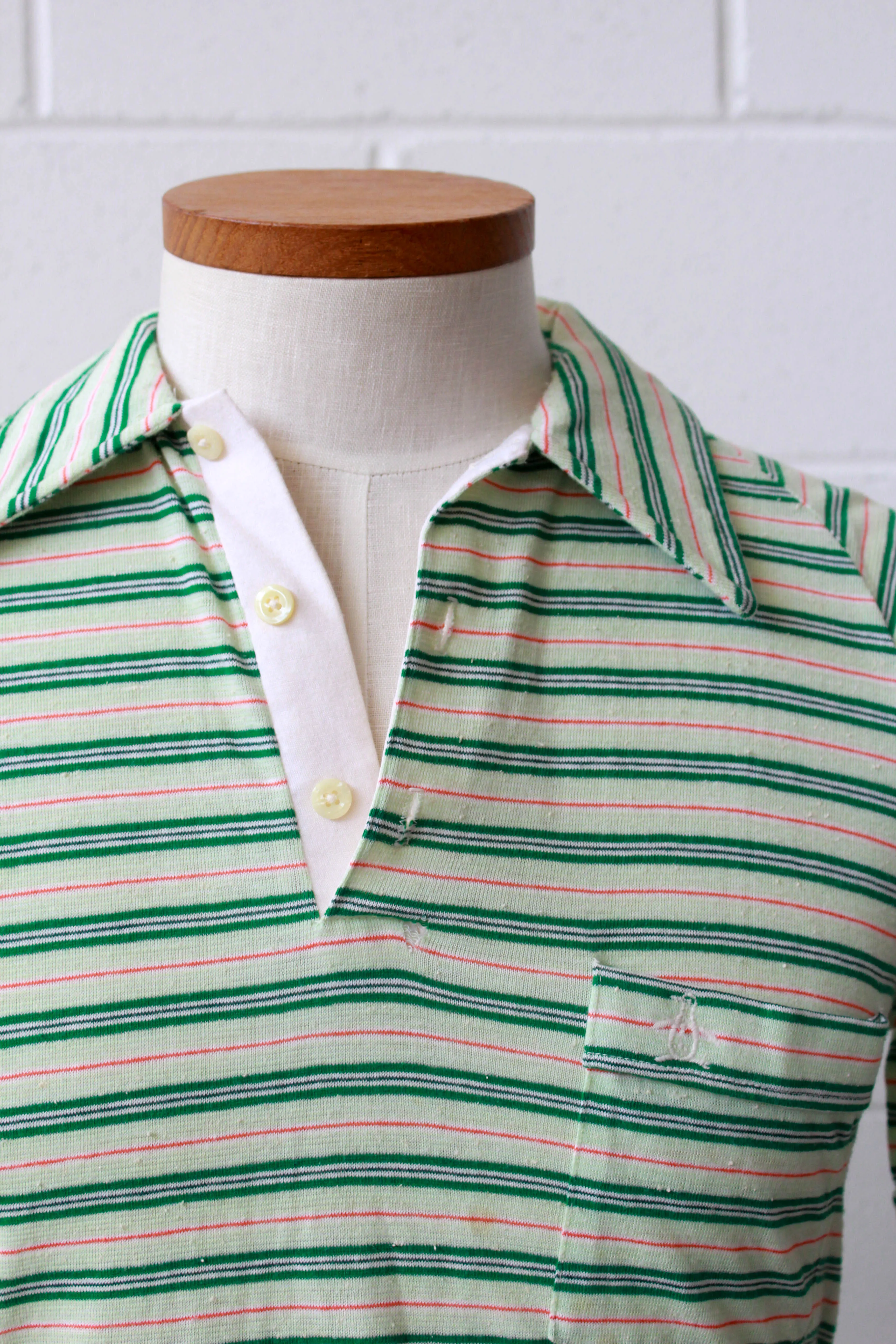 Vintage 1970s Green and White Striped Knit Polo Shirt, Medium