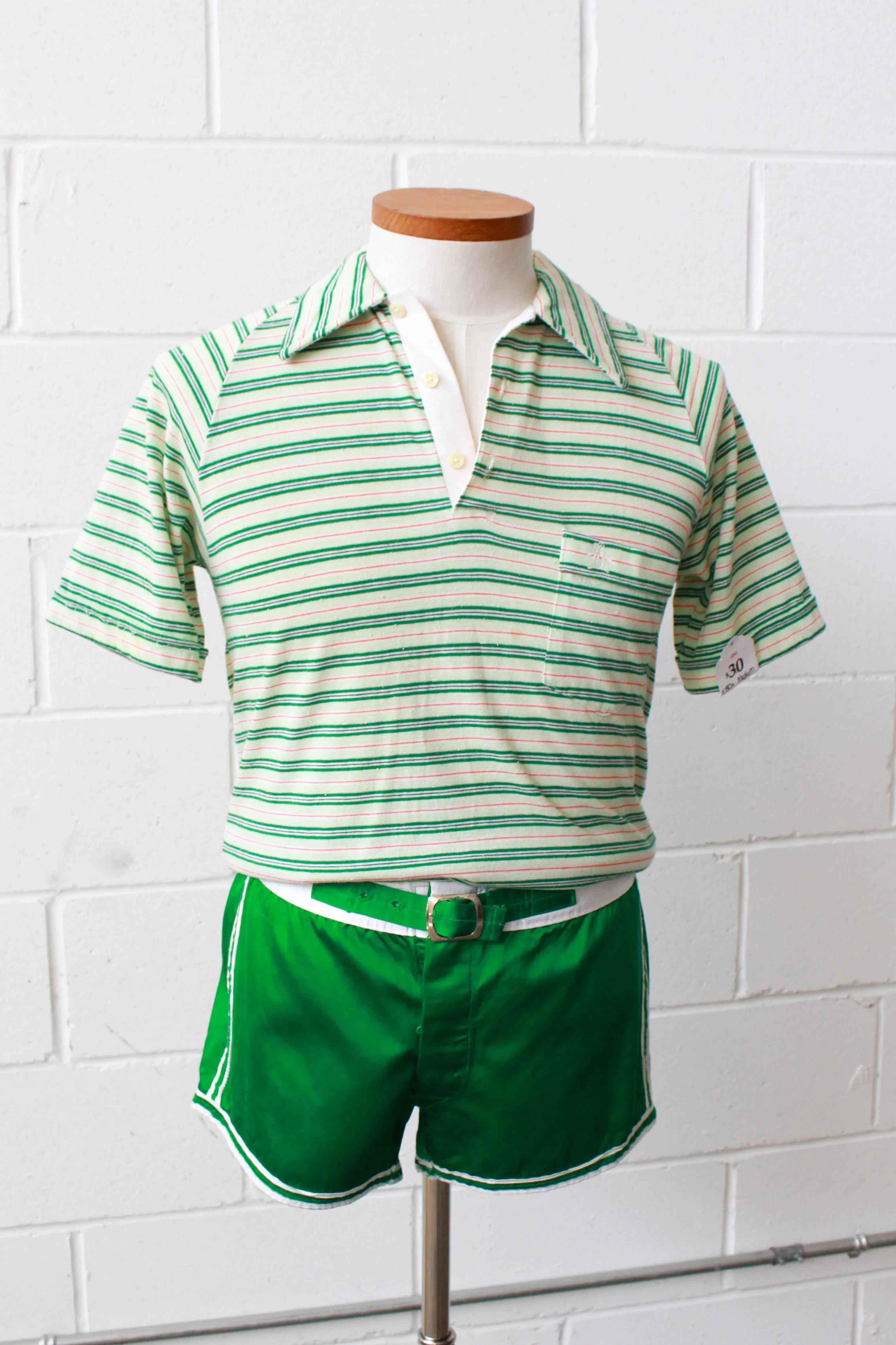 Vintage 1970s Green and White Striped Knit Polo Shirt, Medium