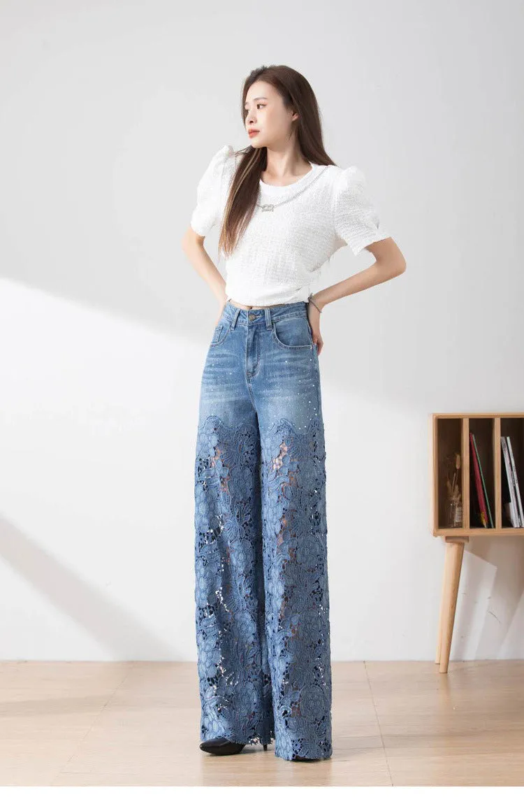 Women's Stitching High Waist Wide Leg Pants